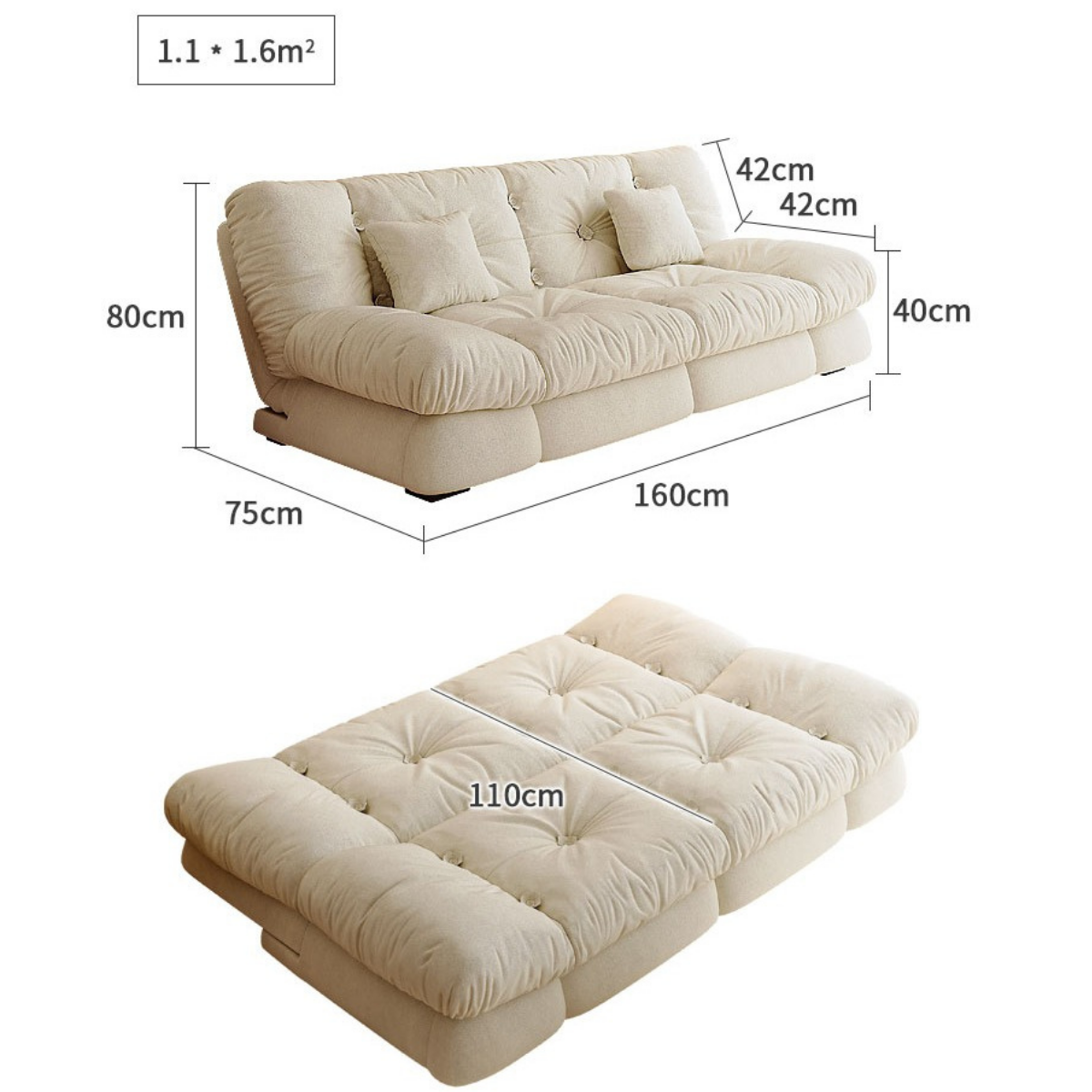 Upgrade Cream Cloud Double Folding Sofa Bed with Storage