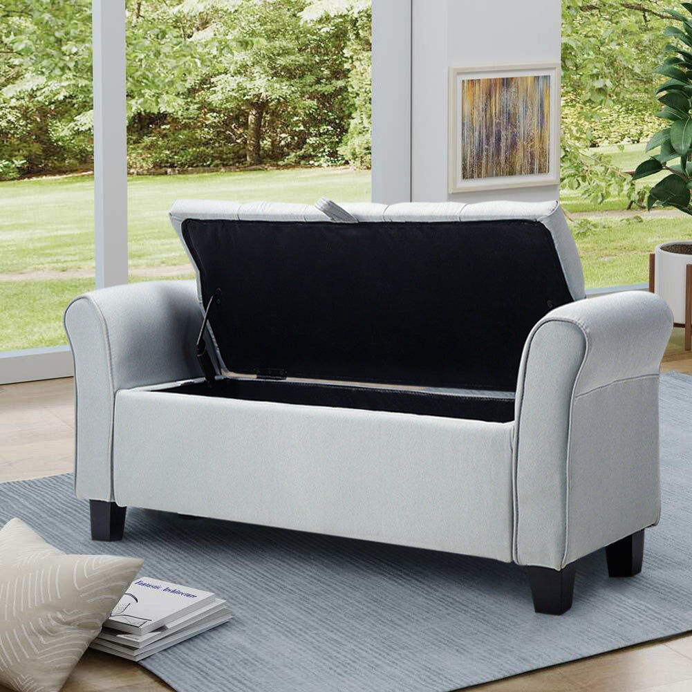 Storage Linen Splayed Armrest Ottoman Bench Chaise