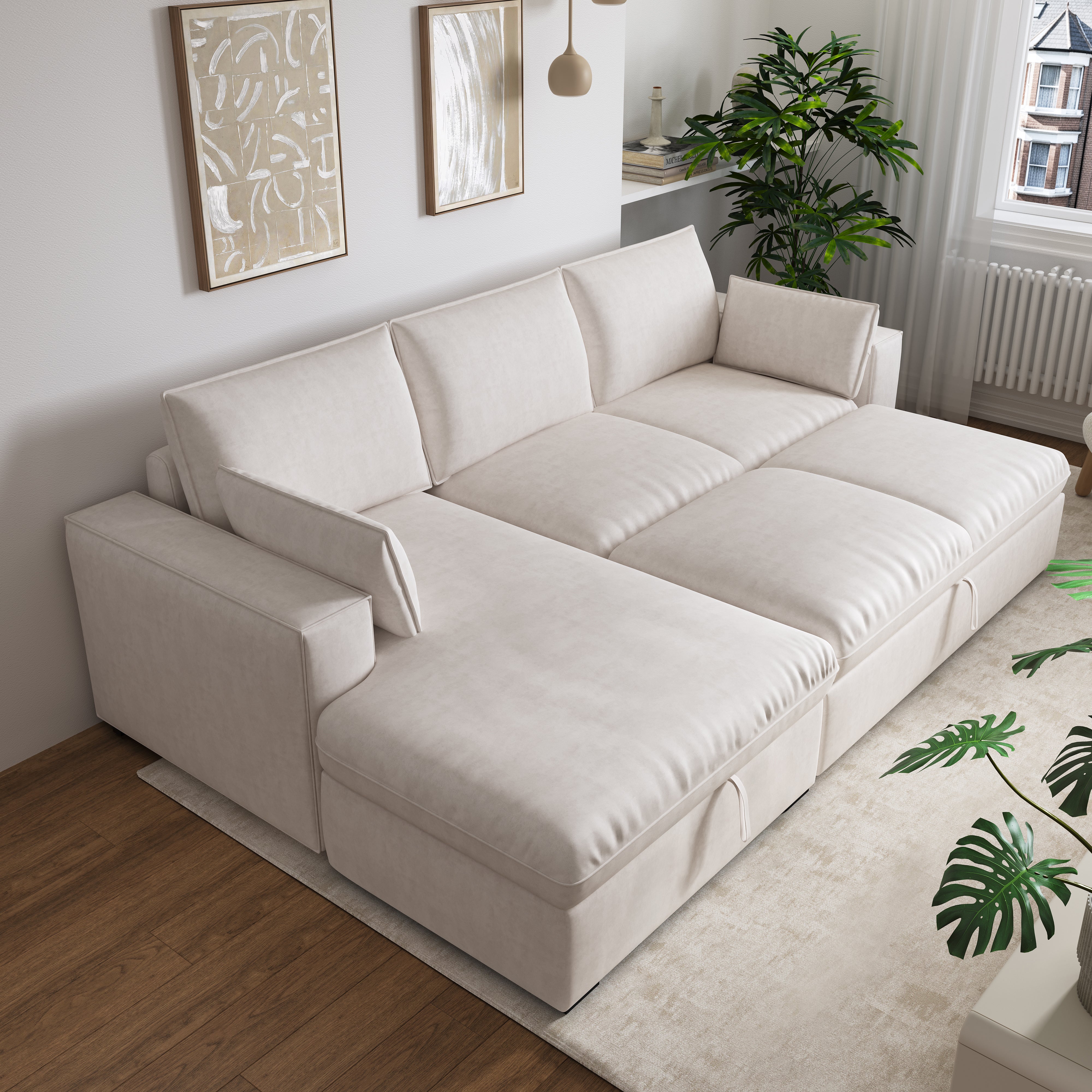 Cottonfy Creamy Tofu Block Pull Out Sofa Bed with Storage Guest Sleeper