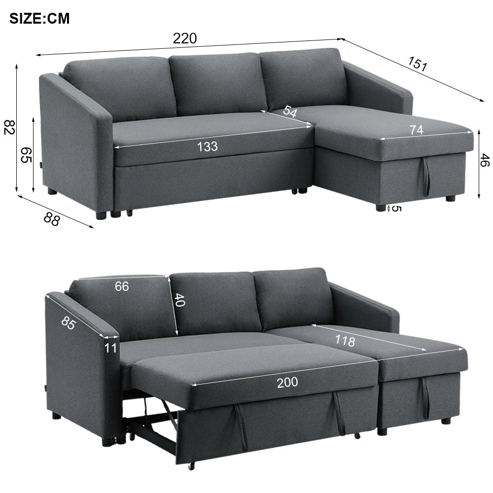 L-Shaped Corner 3 Seater Sofa Bed with Storage