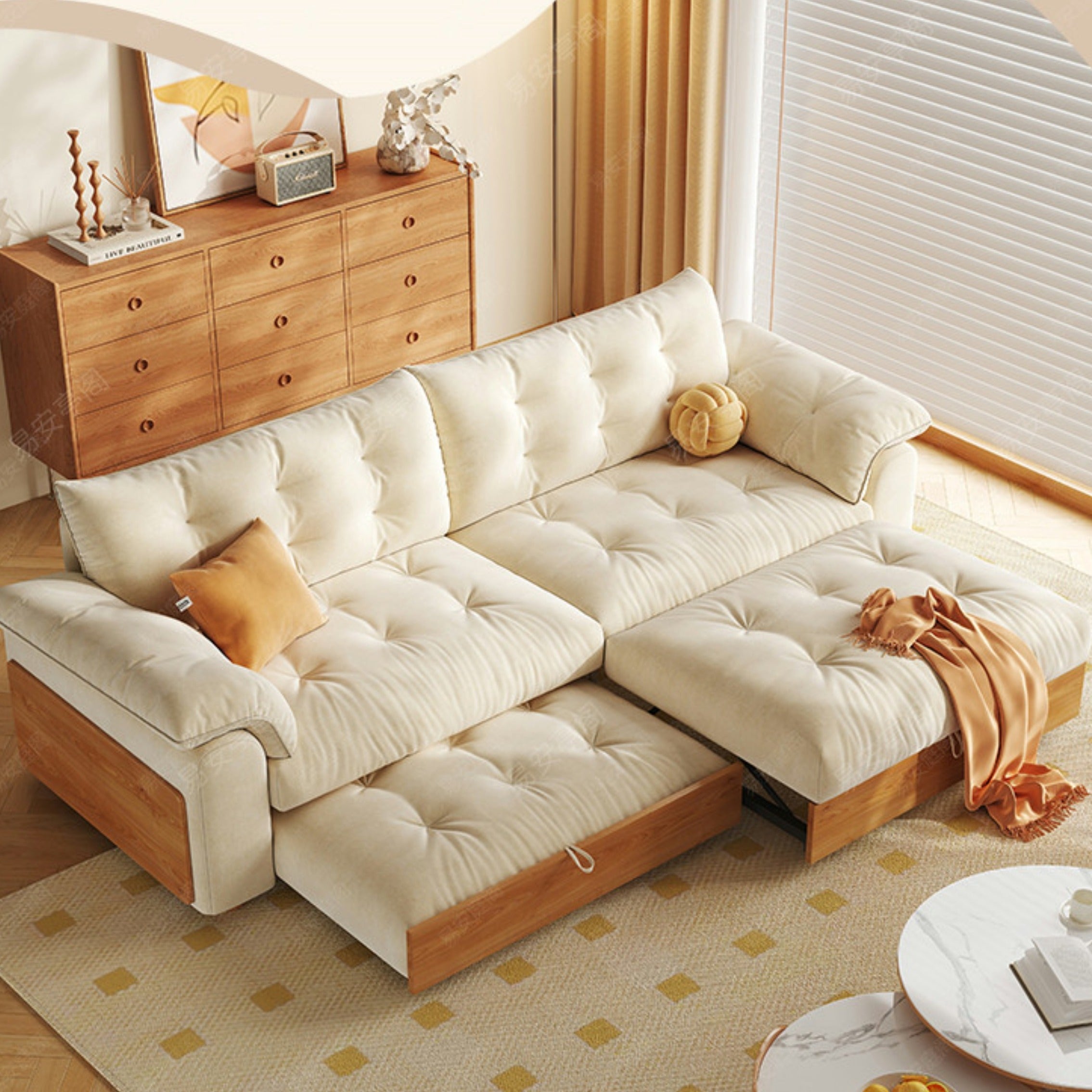 Solid Wood Folding Sofa Bed with Sleeper Chaise