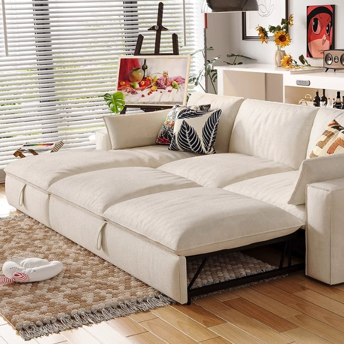 Creamy Tofu Block Pullout Sofa Bed with Storage