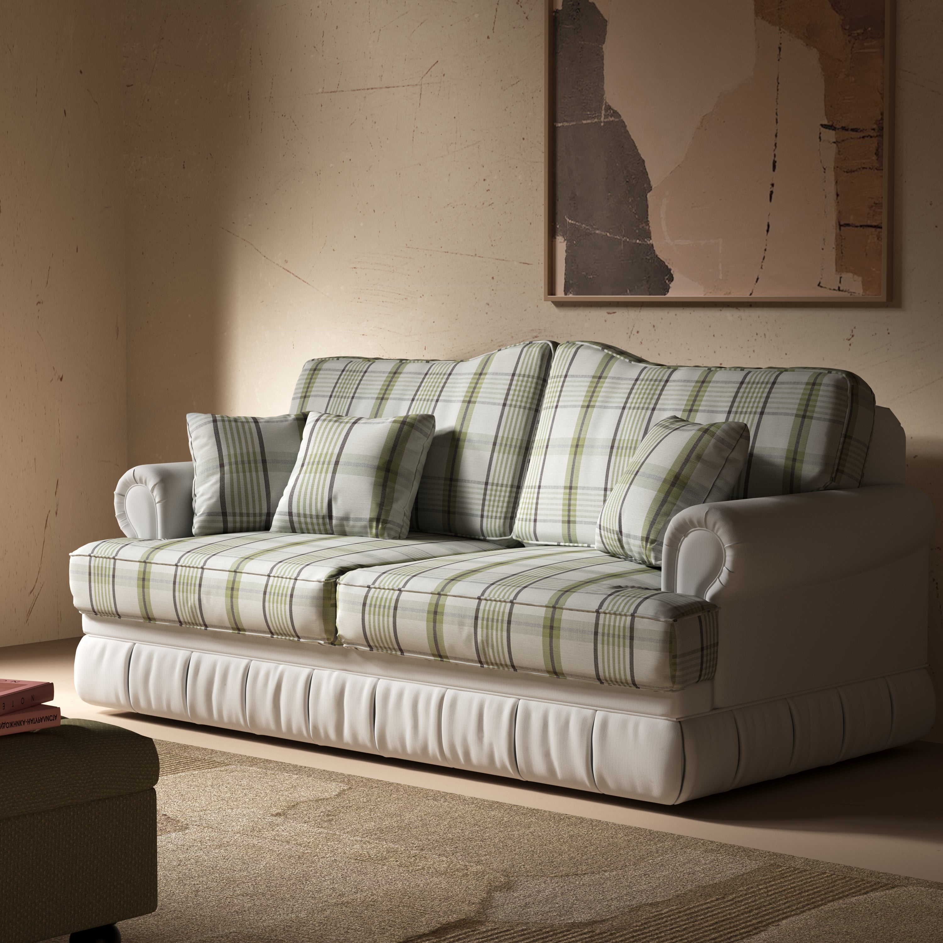 Cottonfy Heritage Plaid Skirted Sofa with Concealed Storage Drawers