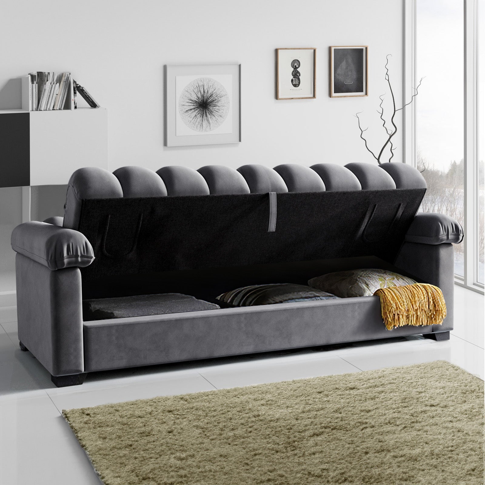 Grey Tufted Flat Bed Sofa with Storage