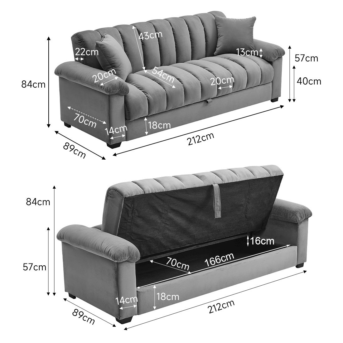 Grey Tufted Flat Bed Sofa with Storage