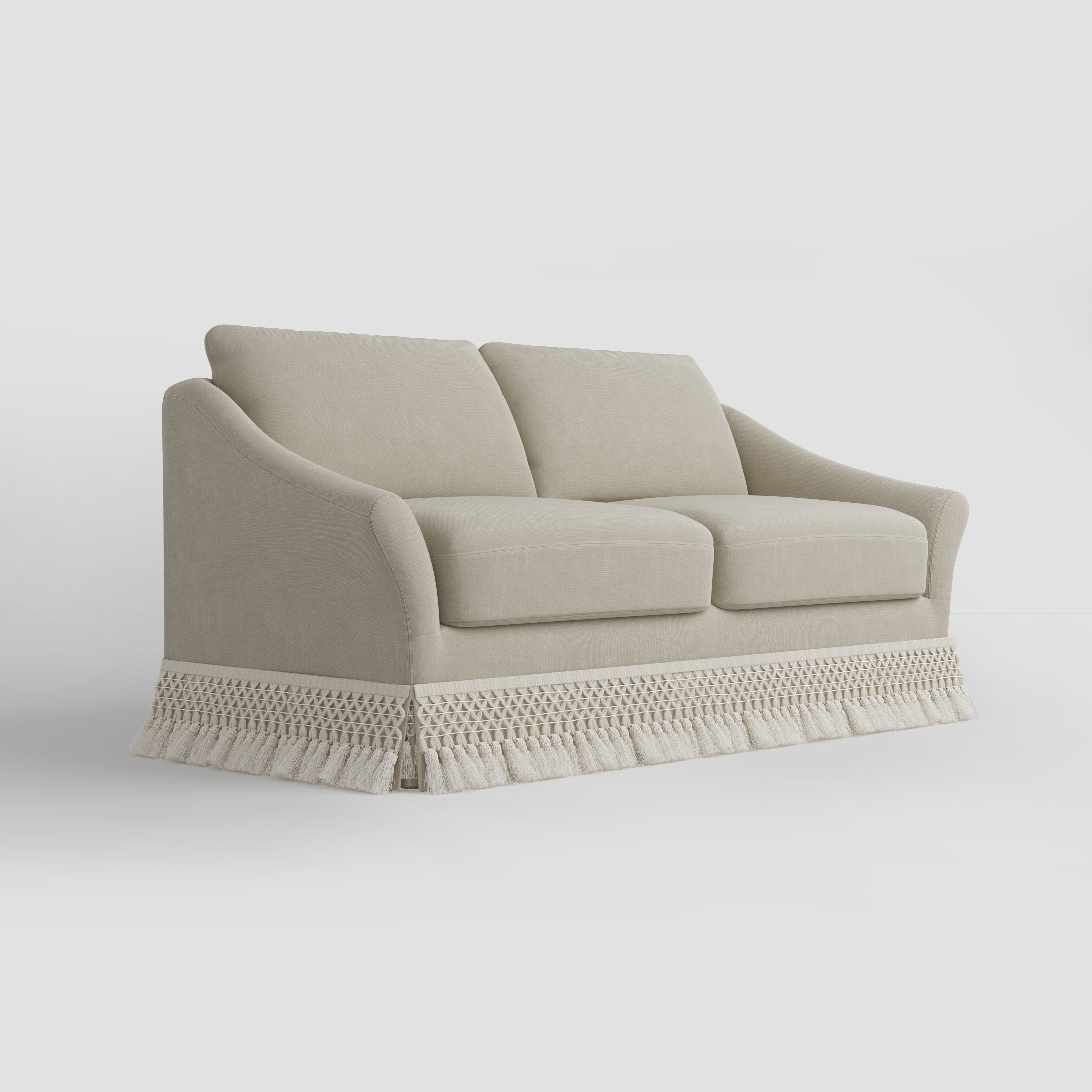 Curved Arm Sofa with Fringed Trim and Removable Cover