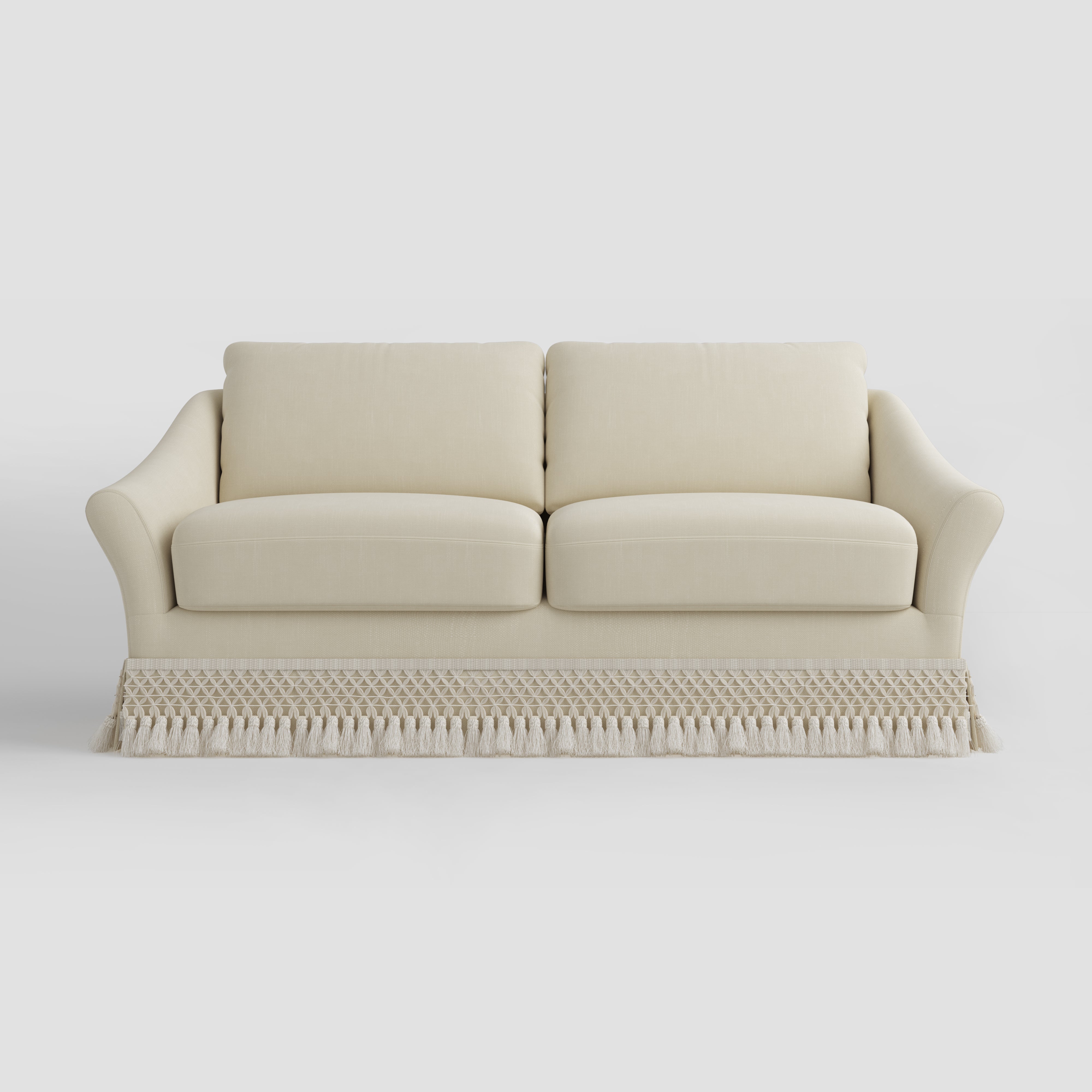Curved Arm Sofa with Fringed Trim and Removable Cover
