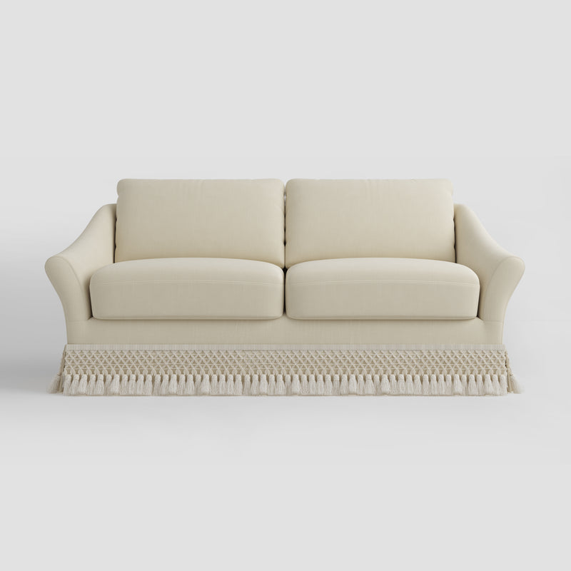 Curved Arm Sofa with Fringed Trim and Removable Cover