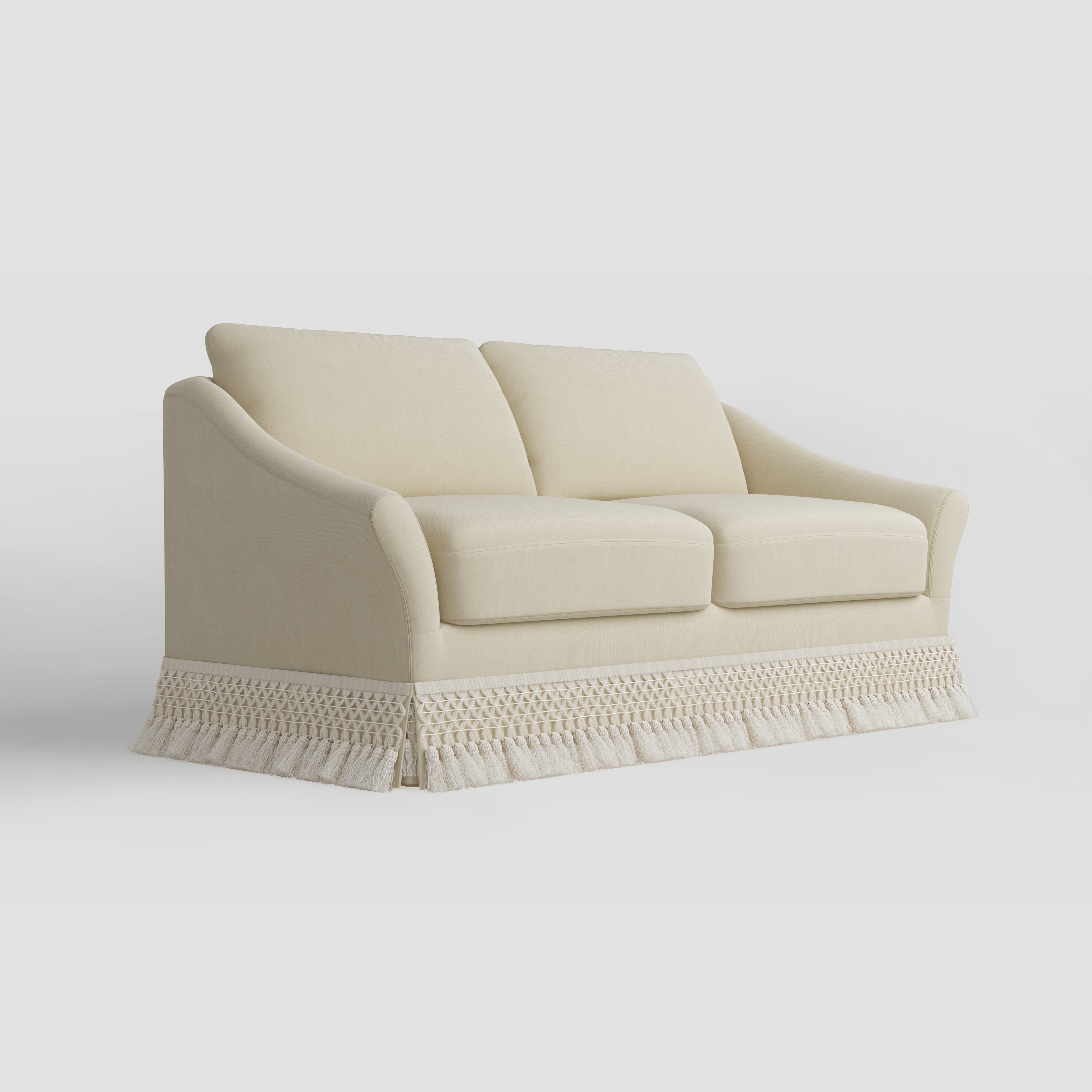 Curved Arm Sofa with Fringed Trim and Removable Cover