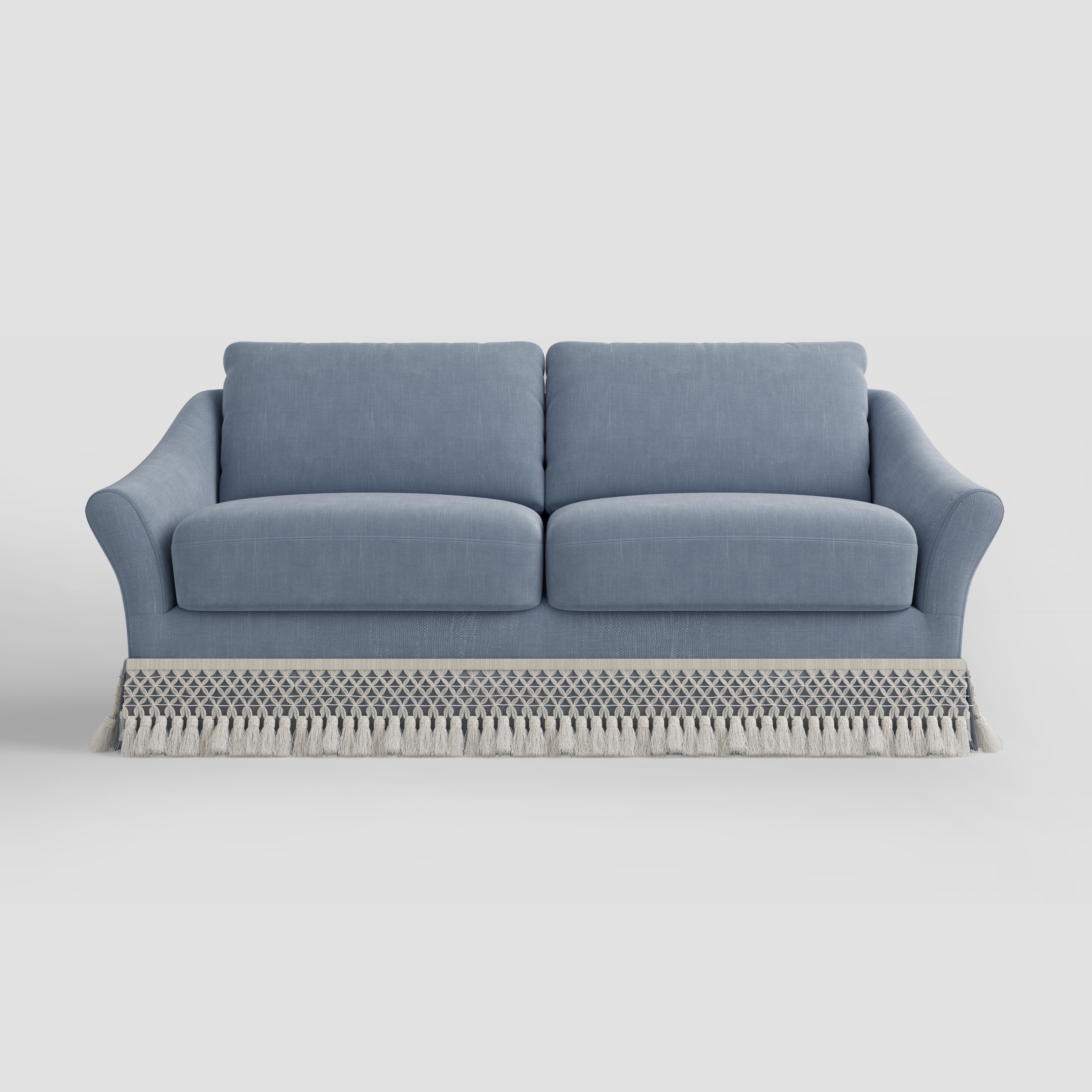 Curved Arm Sofa with Fringed Trim and Removable Cover