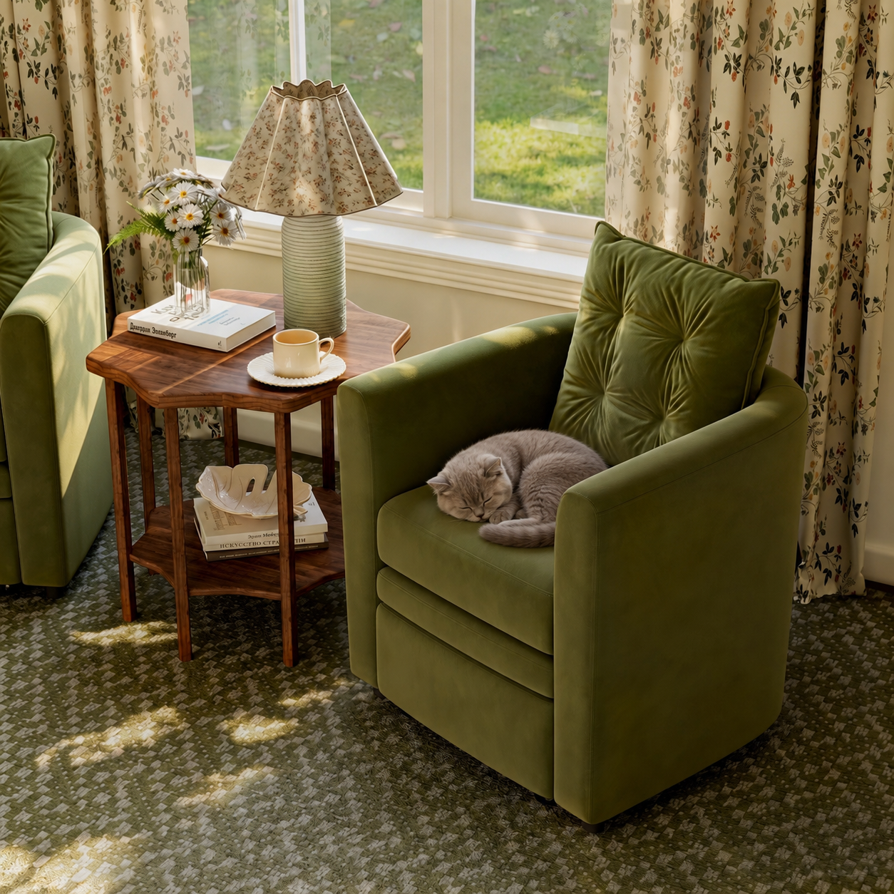 Green Velvet Snuggler Chair with Hidden Storage Footstool