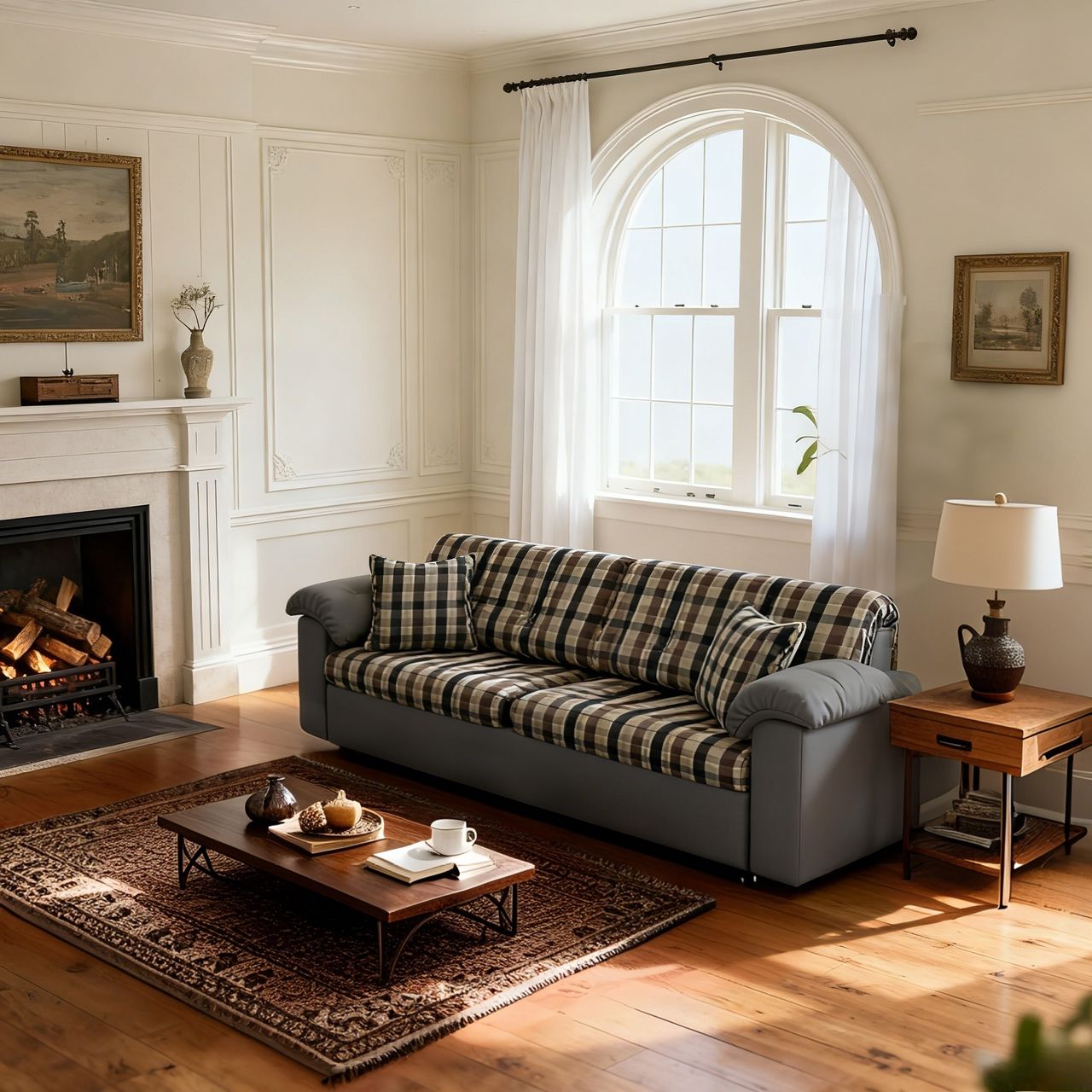 Cottonfy Classic Plaid Sofa Bed with Hidden Storage Living and Home 165 CM Graphite Plaid Cotton Linen 