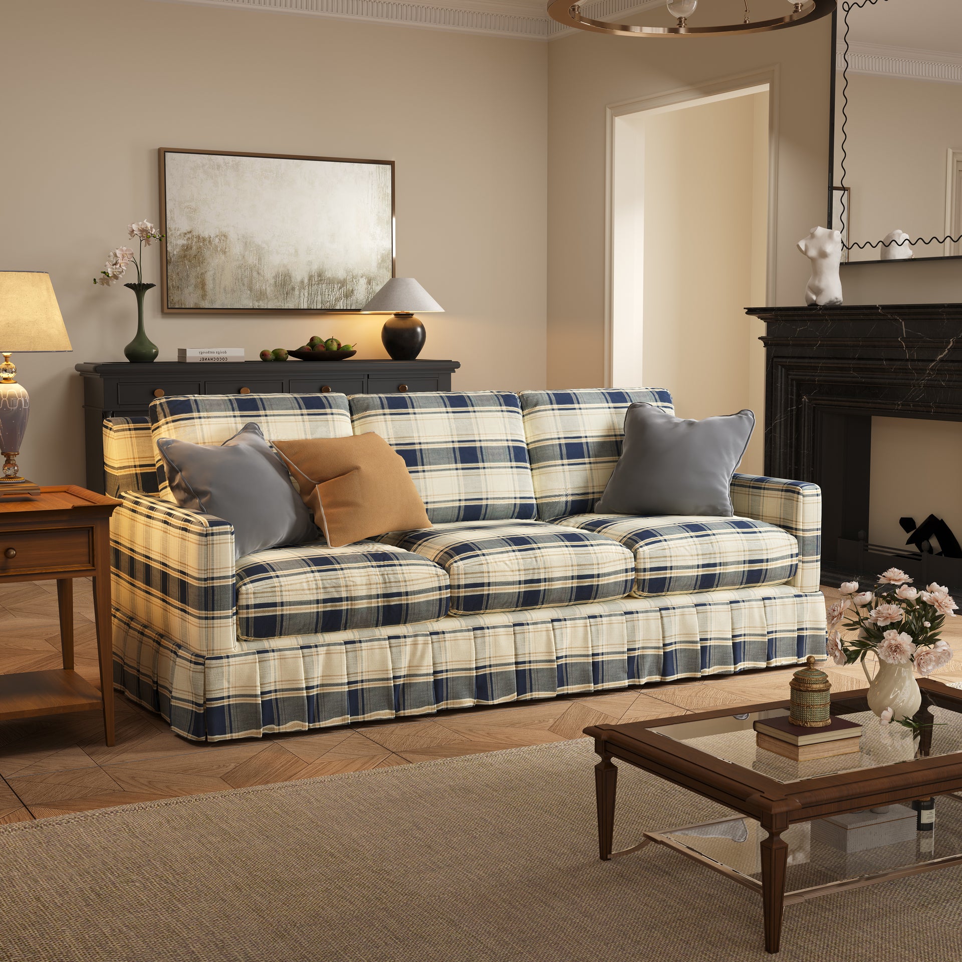 Elegant 3 Seater Striped Sofa Removable Covers Skirted Base