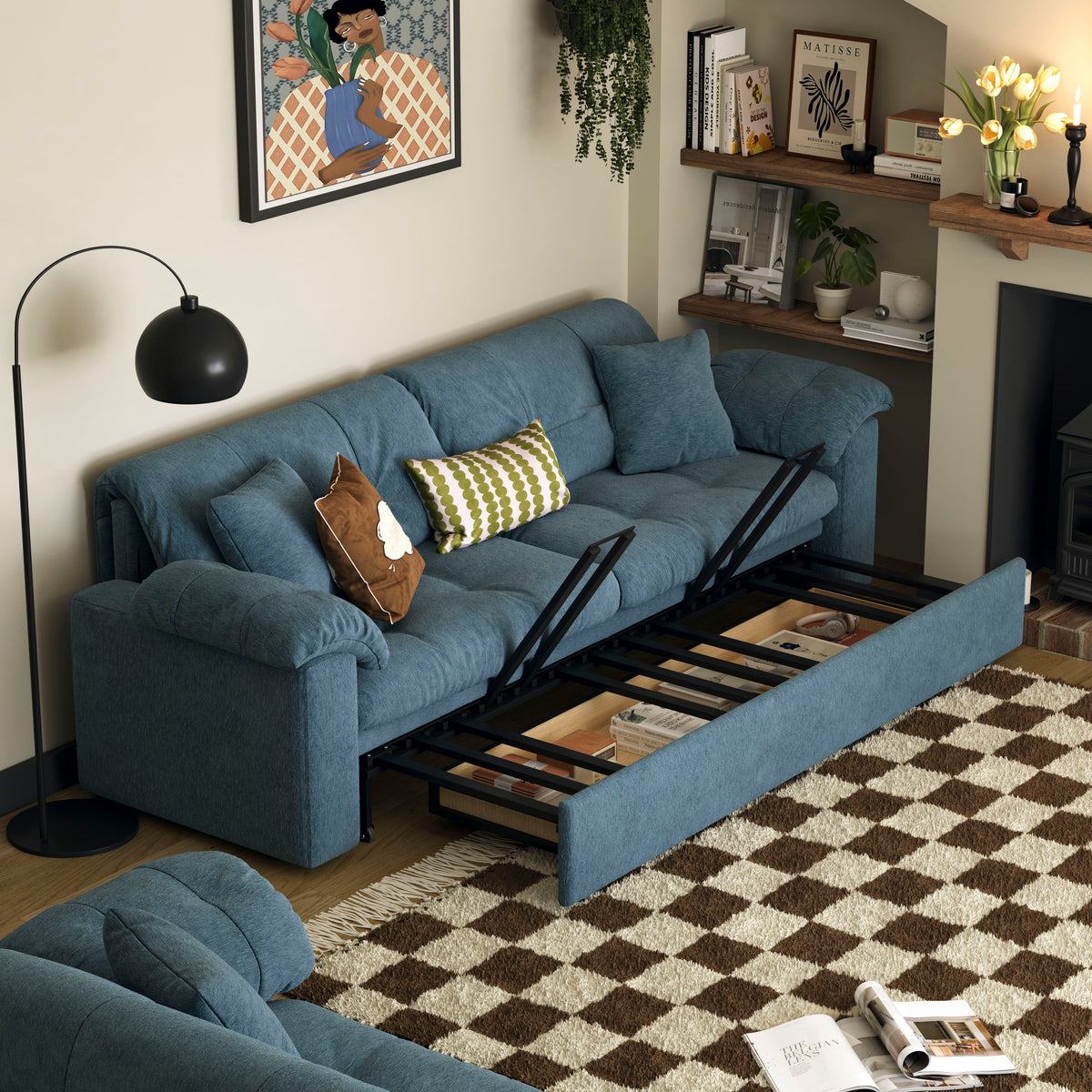 Velvet Compact Functional Pull Out Sofa Bed Storage