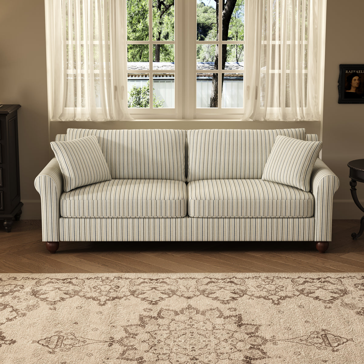 Striped Cotton Linen Blend Rolled Arm Sofa Solid Wood Bun Feet