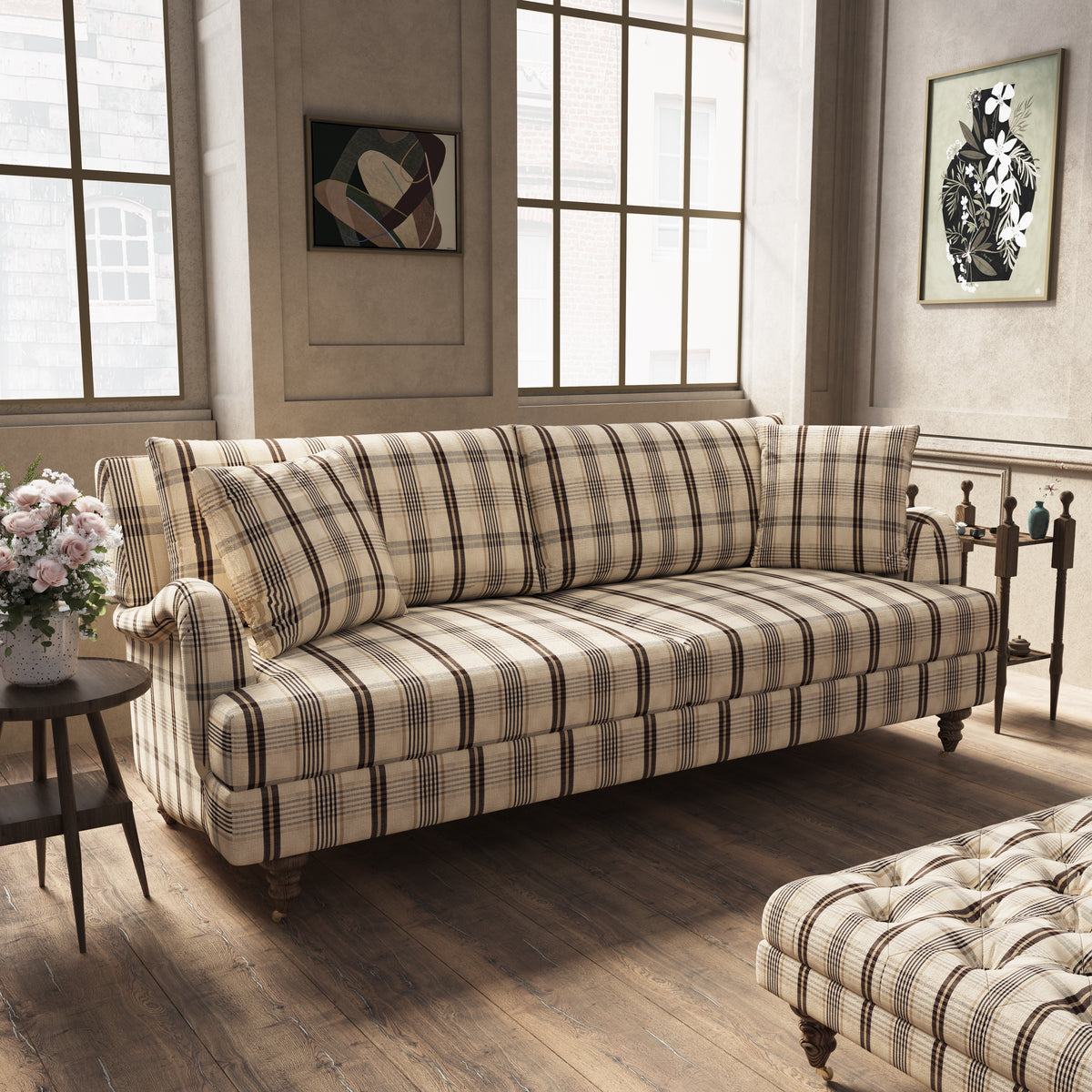 Cottonfy UK Vintage Check Country Sofa with Tufted Ottoman