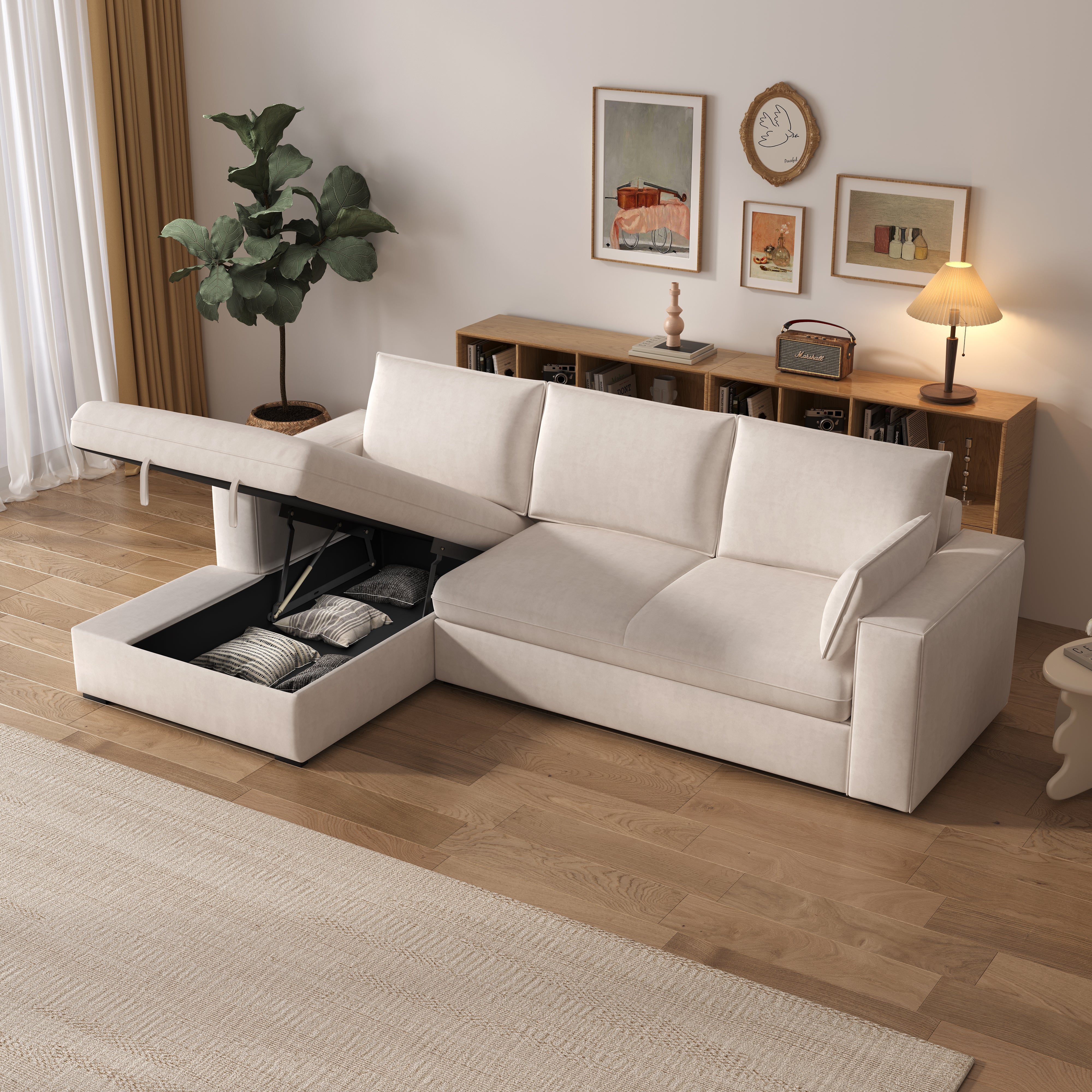 Cottonfy Creamy Tofu Block Pullout Sofa Bed with Storage