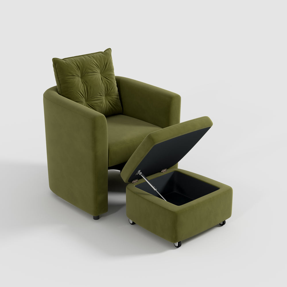 Green Velvet Armchair with Hidden Storage Footstool 1 Unit Green Velvet In Stock