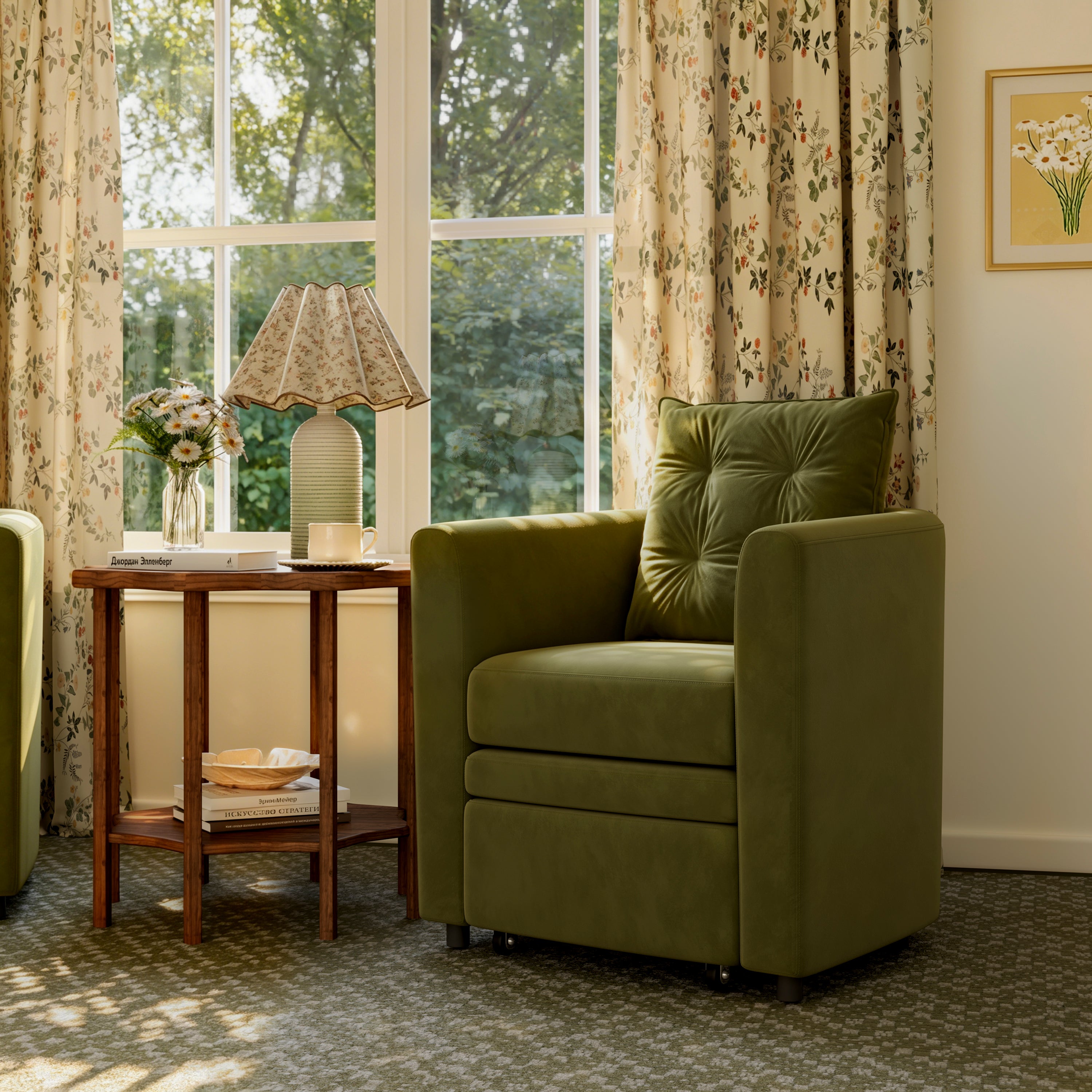 Green Velvet Armchair with Hidden Storage Footstool 1 Unit Green Velvet In Stock 76CM Cottonfy UK