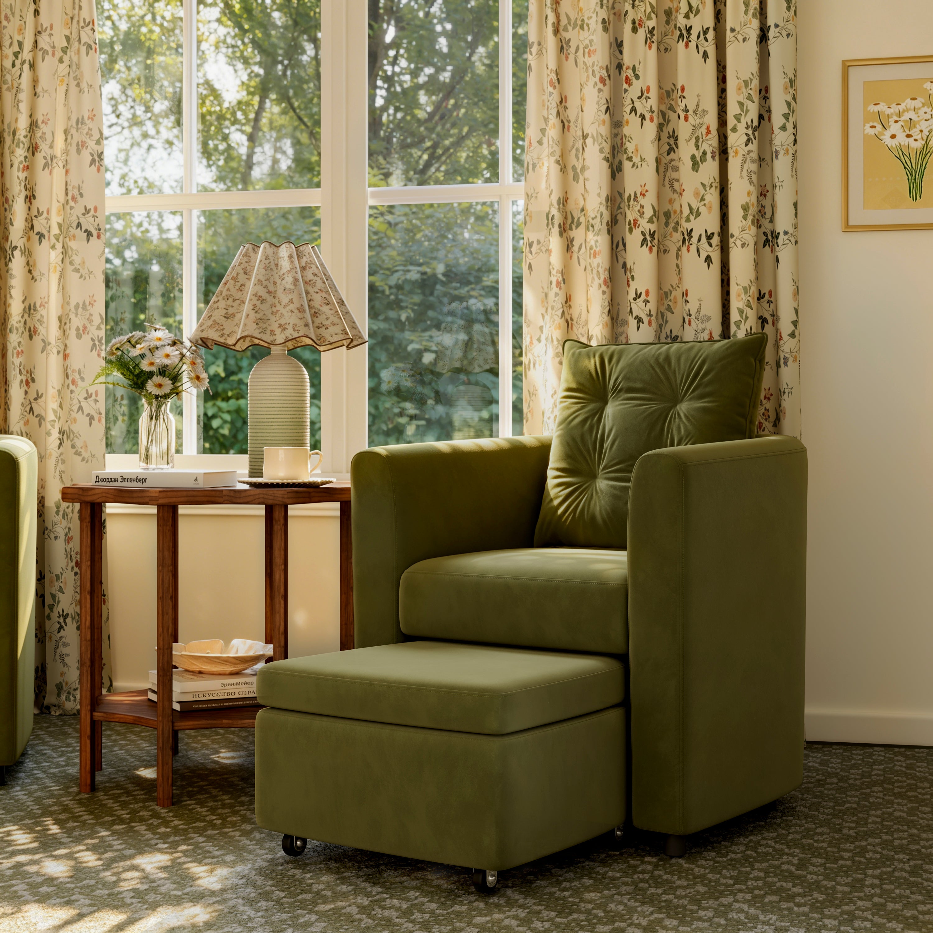 Green Velvet Armchair with Hidden Storage Footstool 1 Unit Green Velvet In Stock Cottonfy UK