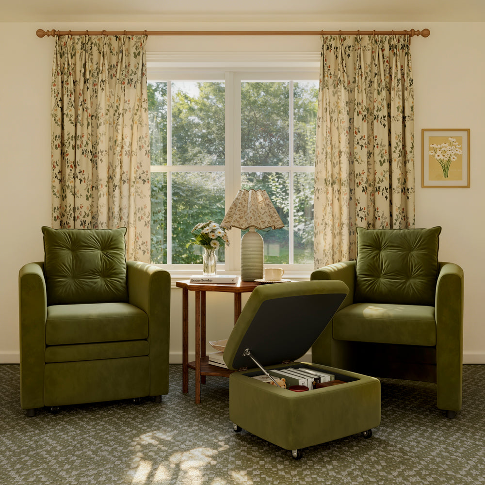 Green Velvet Armchair with Hidden Storage Footstool 2 Unit Green Velvet In Stock