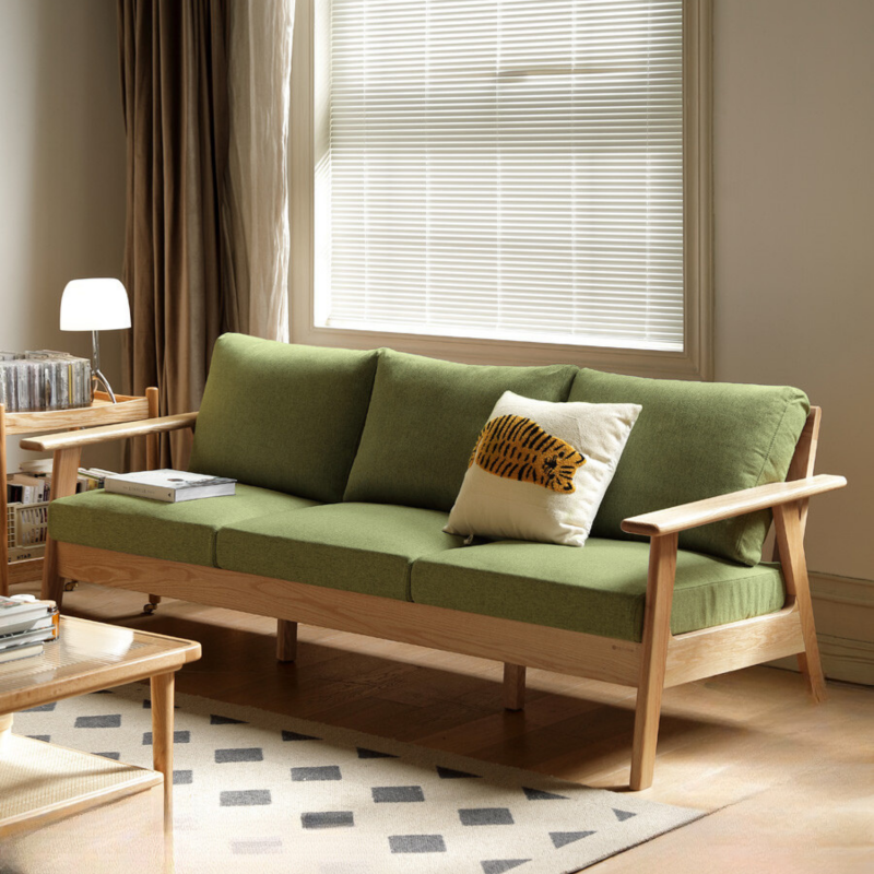 Contemporary Oak Wood Slatted Sofa Frame with Cushioned Seating