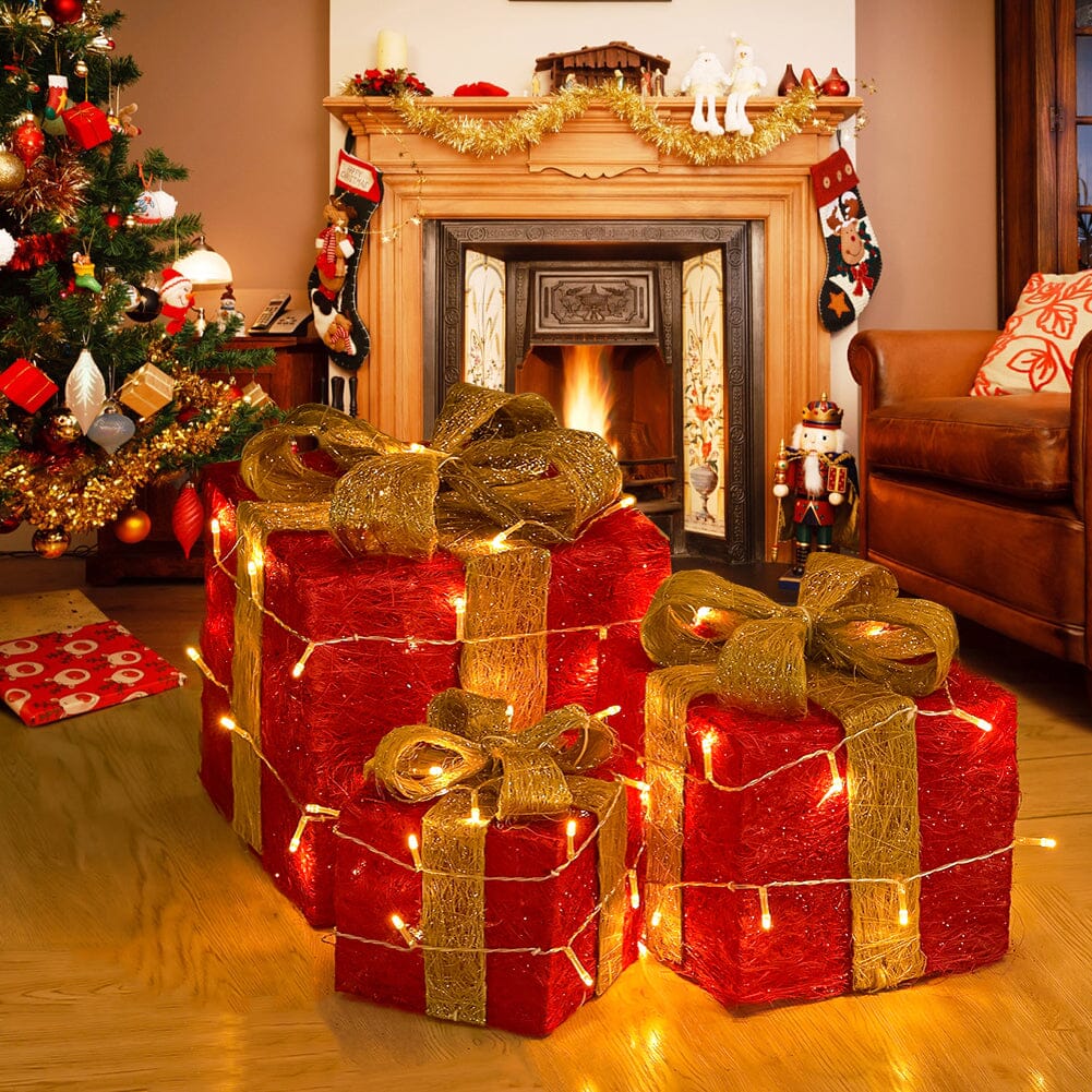 Pre-Lit Golden Christmas Gift Box Set with Warm Lights (100% off)