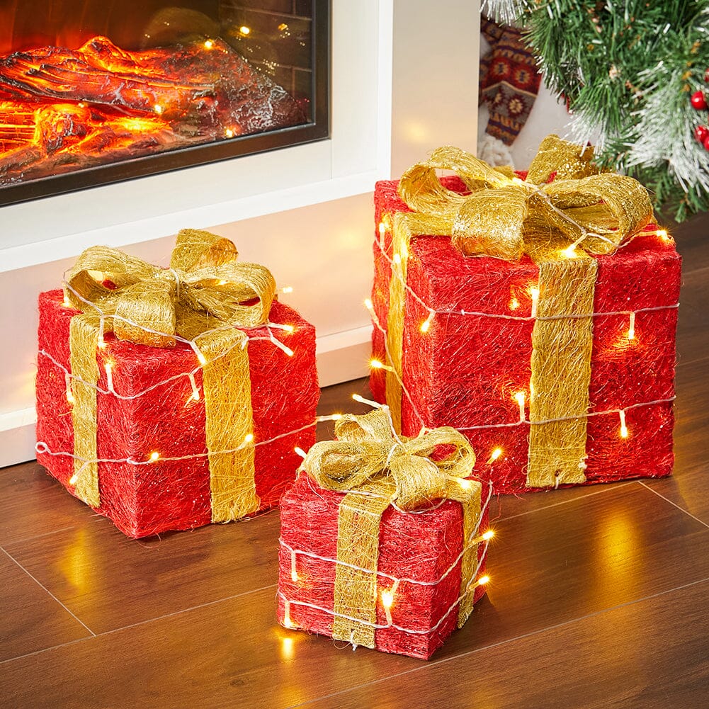 Pre-Lit Golden Christmas Gift Box Set with Warm Lights Christmas Living and Home 