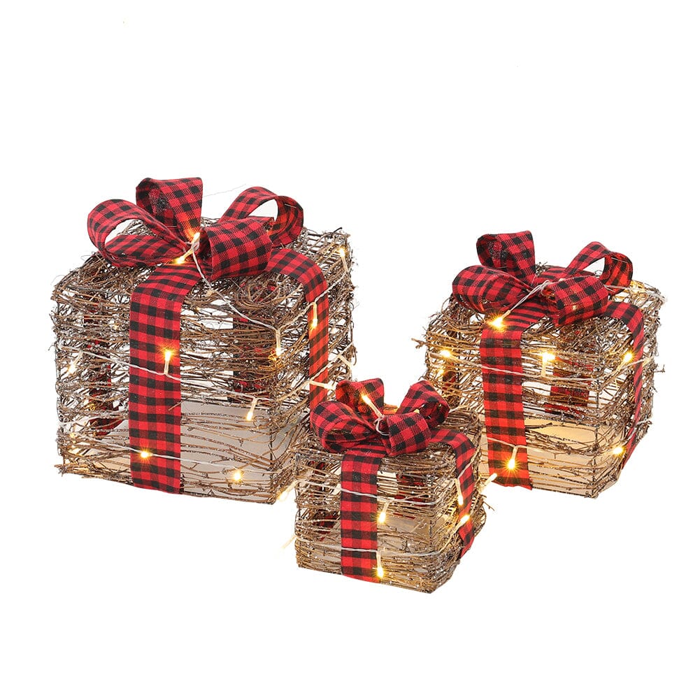 Pre-Lit Woven Christmas Gift Box Set with Checked Bows Christmas Living and Home 