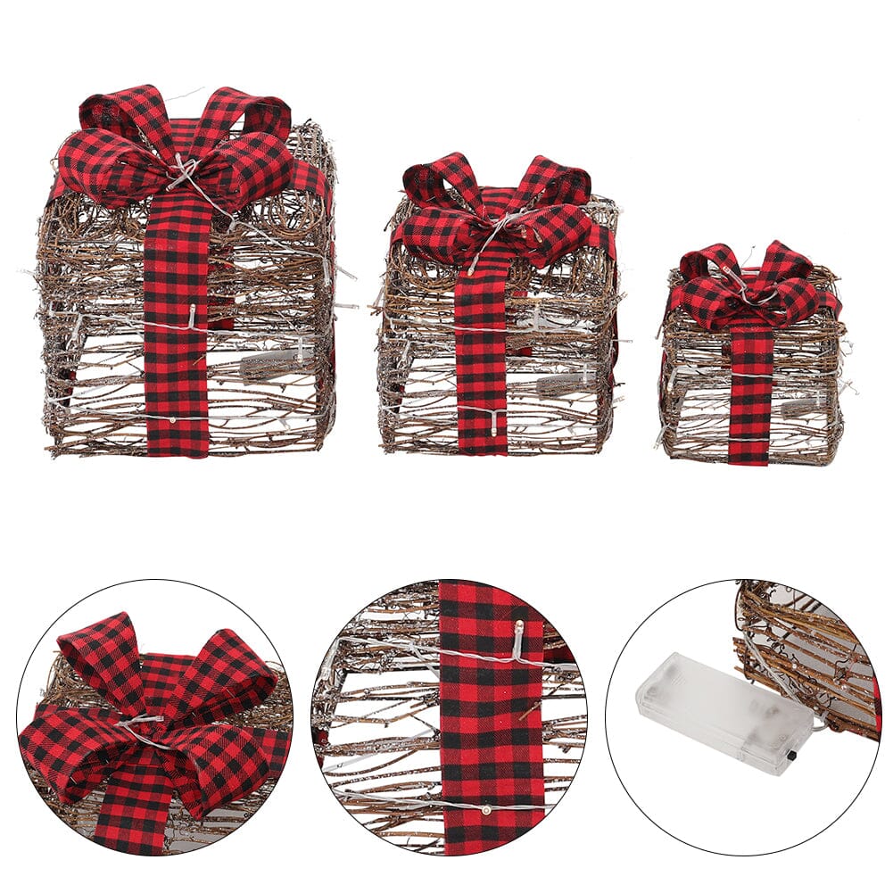 Pre-Lit Woven Christmas Gift Box Set with Checked Bows Christmas Living and Home 