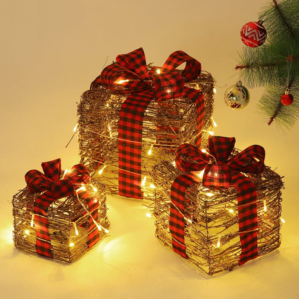 Pre-Lit Woven Christmas Gift Box Set with Checked Bows Christmas Living and Home 
