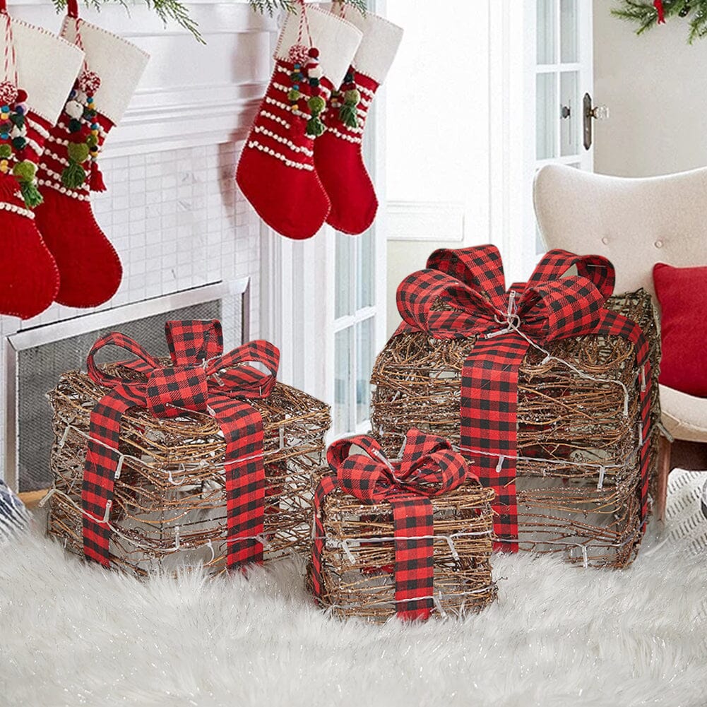Pre-Lit Woven Christmas Gift Box Set with Checked Bows Christmas Living and Home 