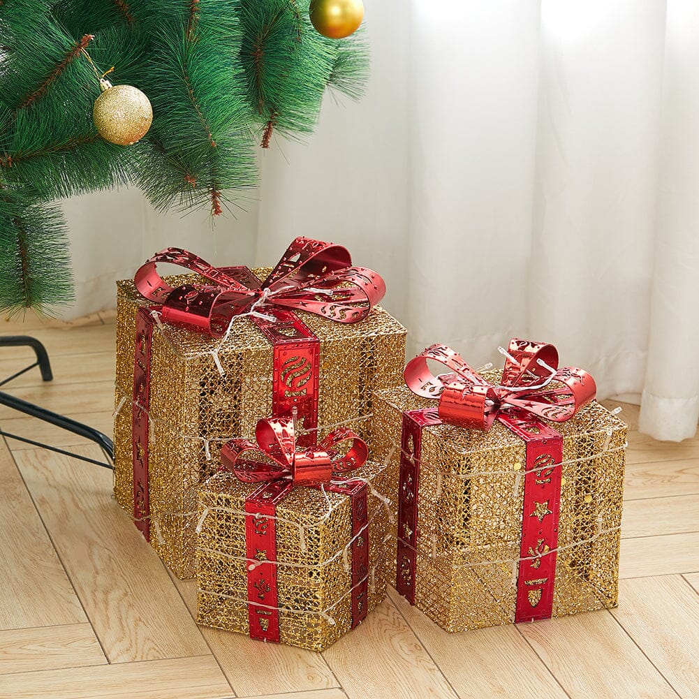 3pcs Christmas Gift Box Accessories Set with Light Strips-Golden Box Living and Home 