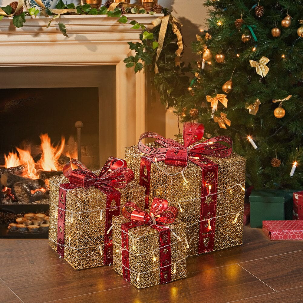 3pcs Christmas Gift Box Accessories Set with Light Strips-Golden Box Living and Home 