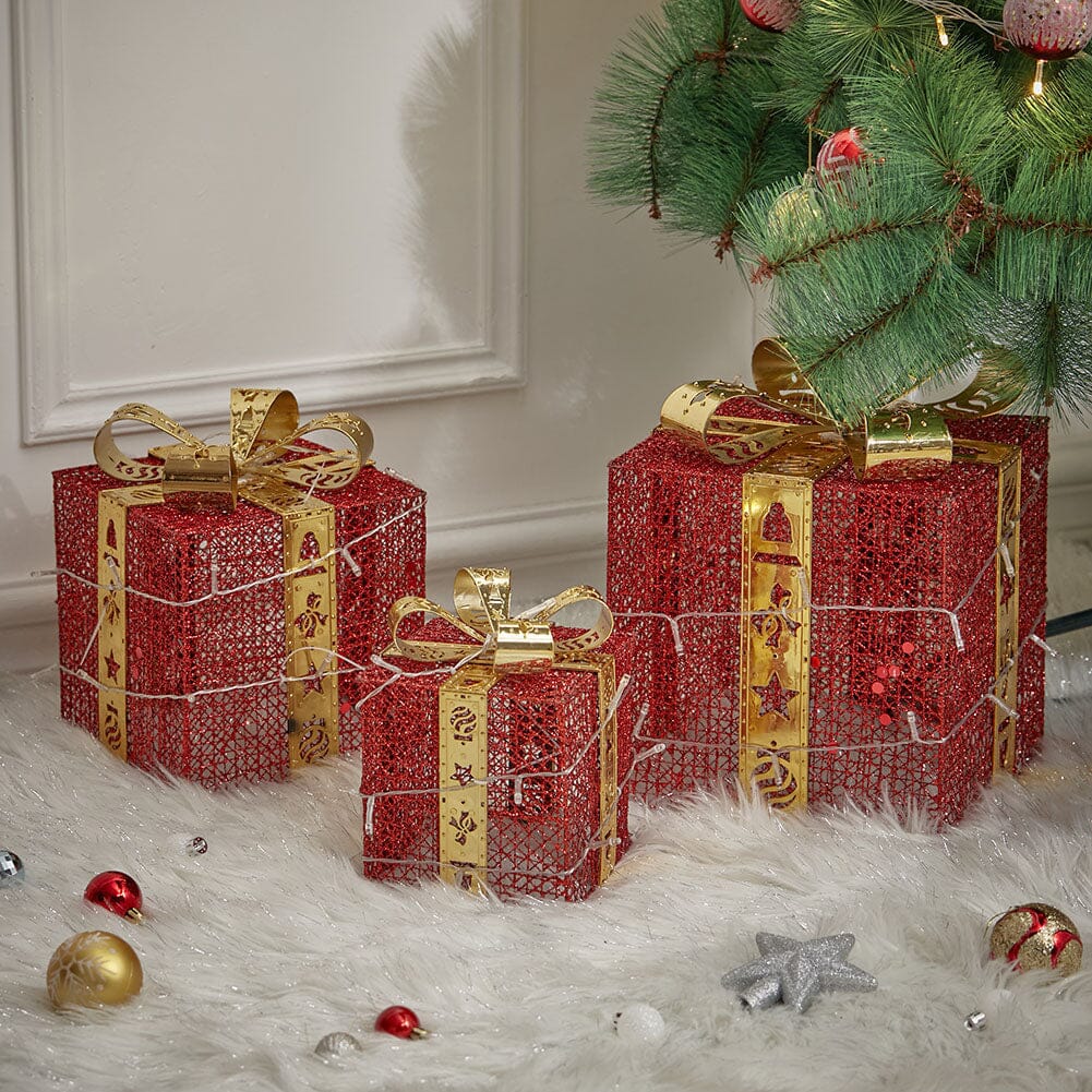 3pcs Christmas Gift Box Accessories Set with Light Strips-Red Box Living and Home 