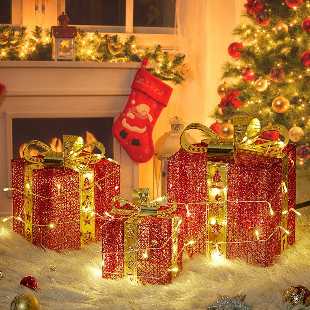 3pcs Christmas Gift Box Accessories Set with Light Strips-Red Box Living and Home 