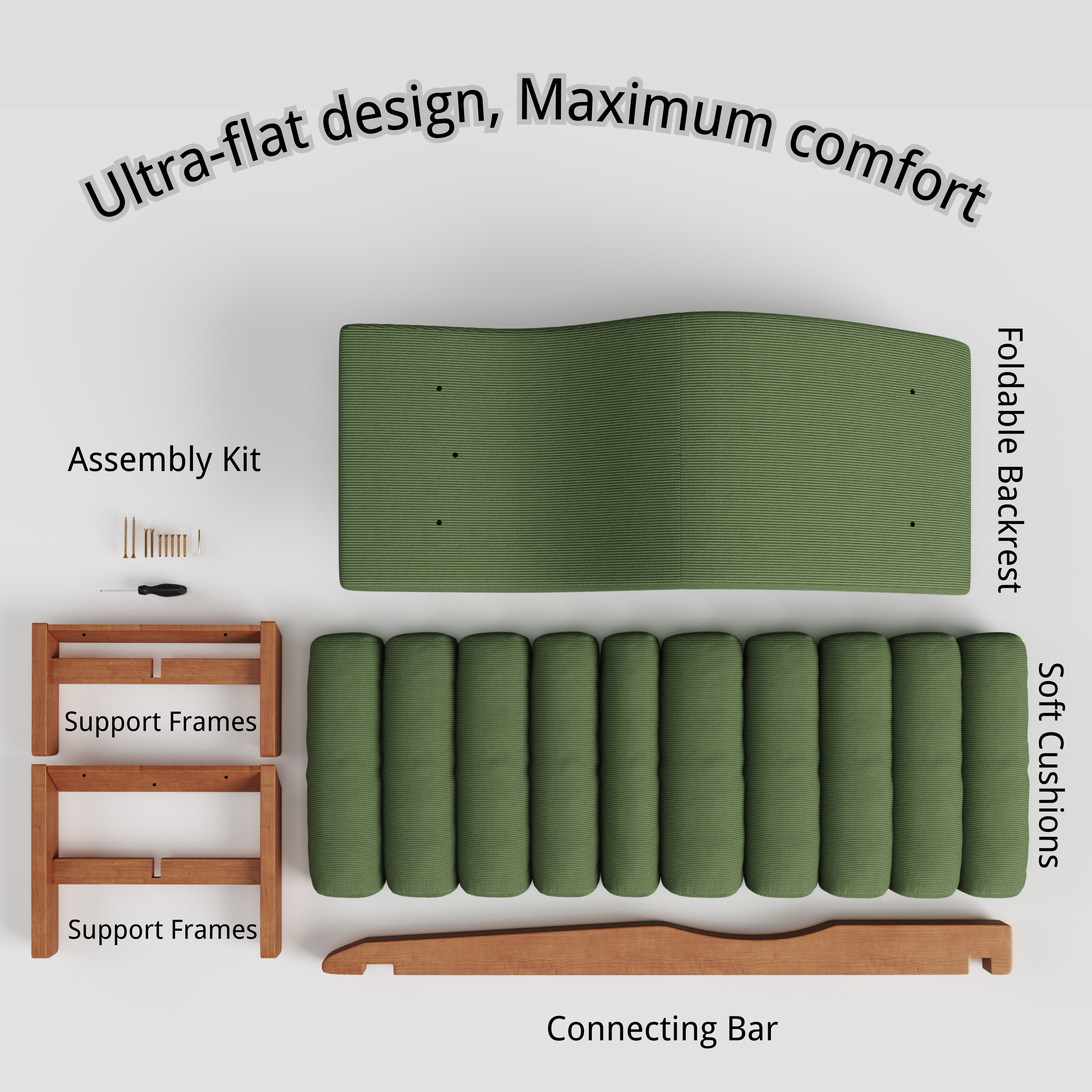 Modern Ergonomic Corduroy Chaise Lounge with Natural Wooden Frame