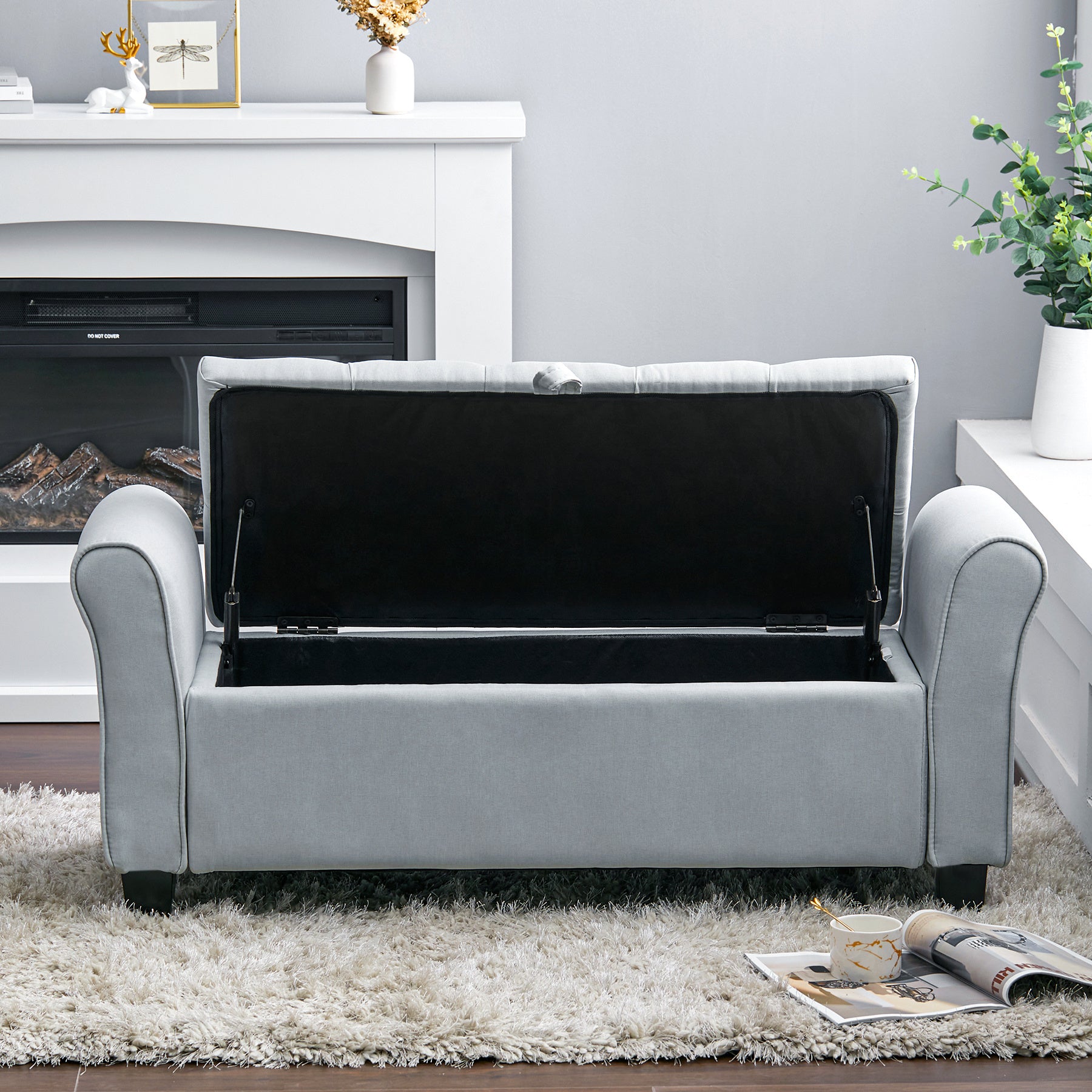 Storage Linen Splayed Armrest Ottoman Bench Chaise