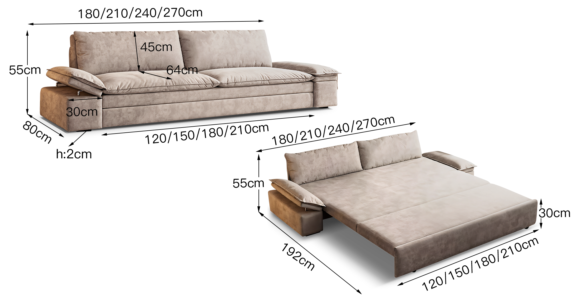 Wide Seat Dual-Purpose Armrest Pillow Design Sofa Bed