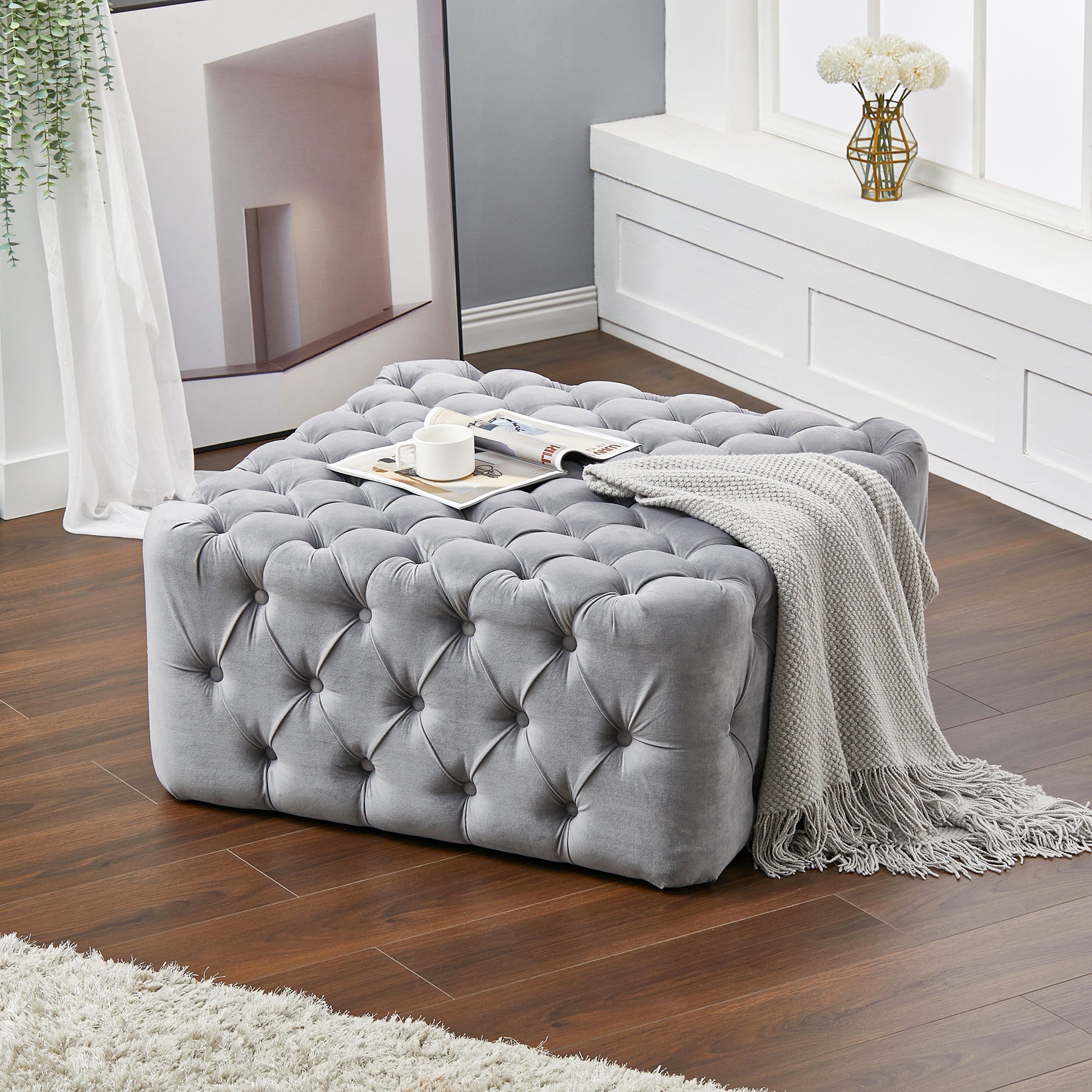 Cubic Velvet Buttoned Footrest Stool