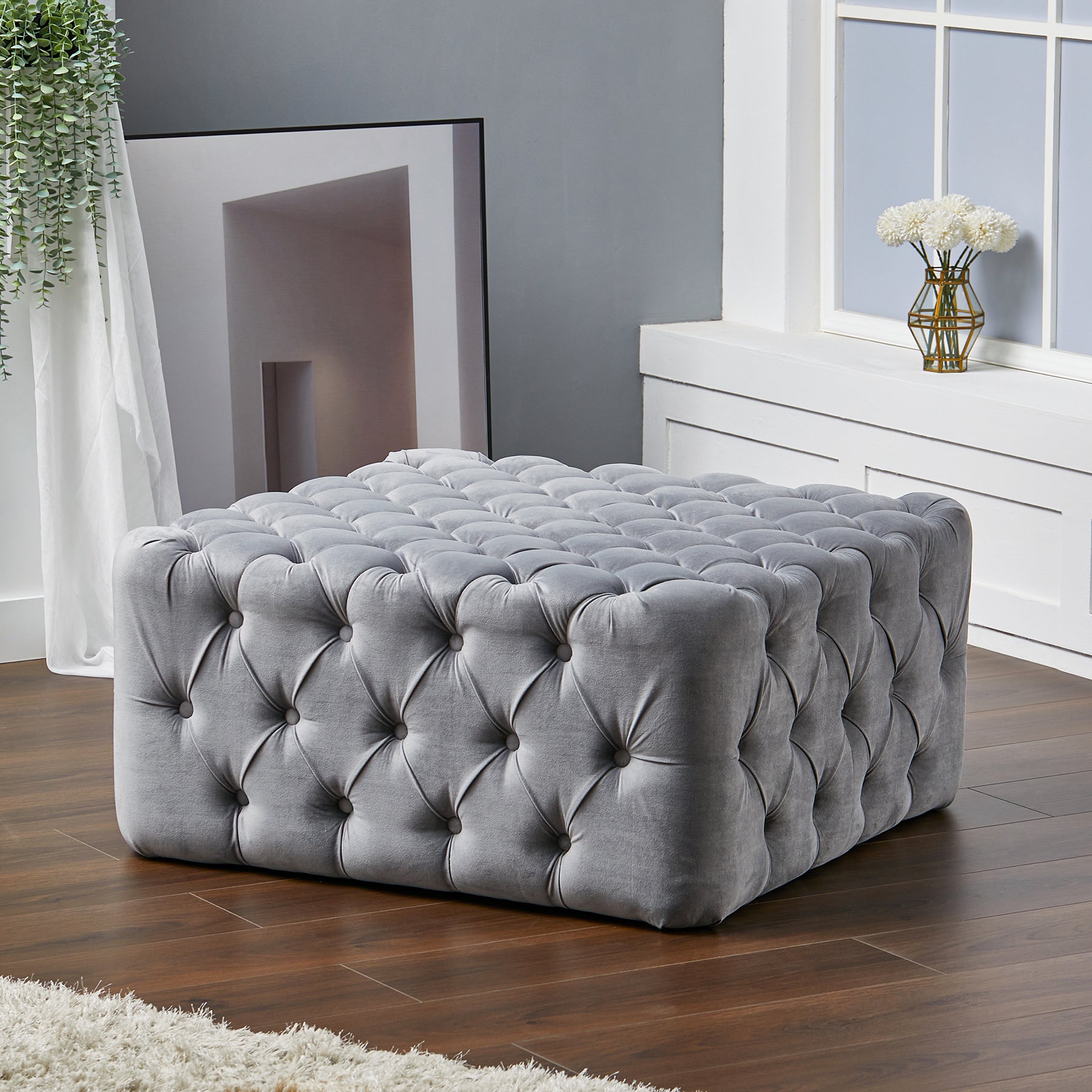 Cubic Velvet Buttoned Footrest Stool