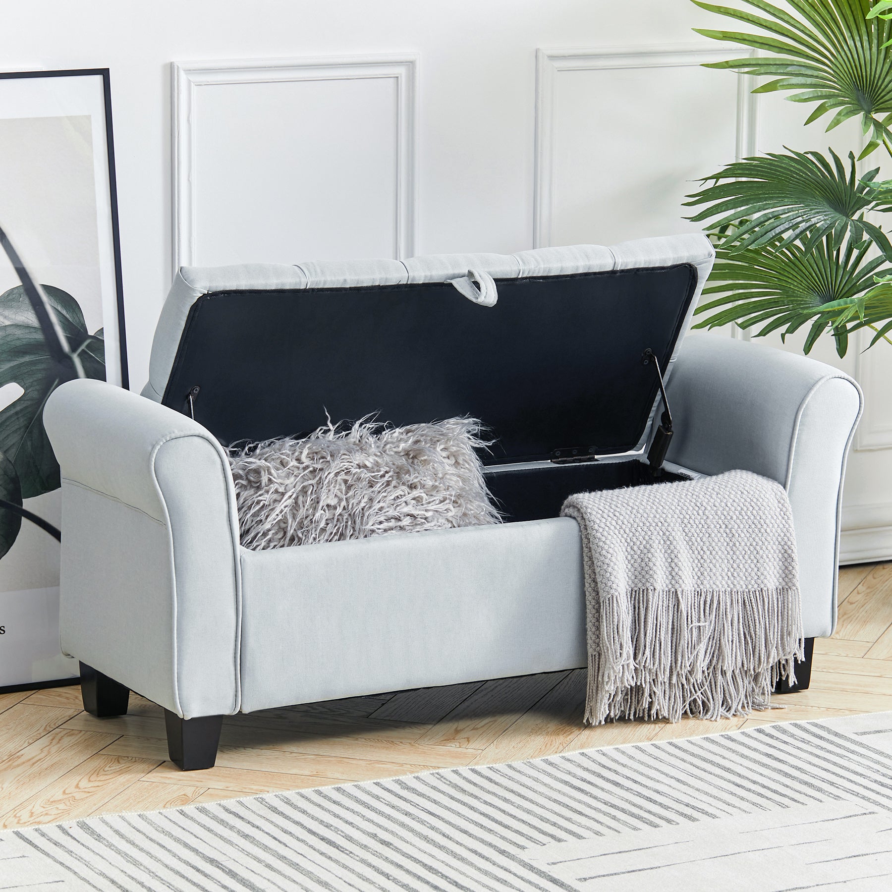 Storage Linen Splayed Armrest Ottoman Bench Chaise