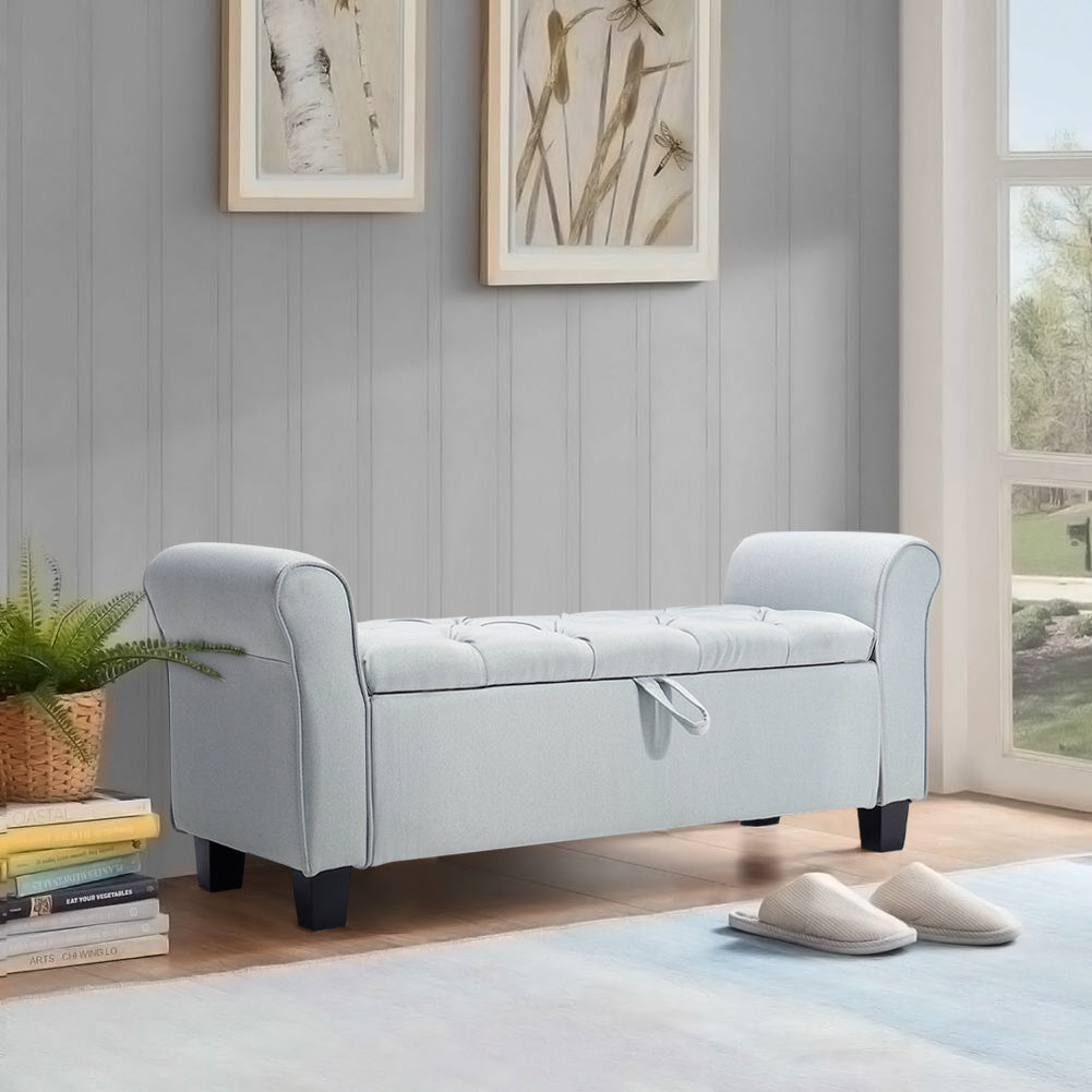 Storage Linen Splayed Armrest Ottoman Bench Chaise