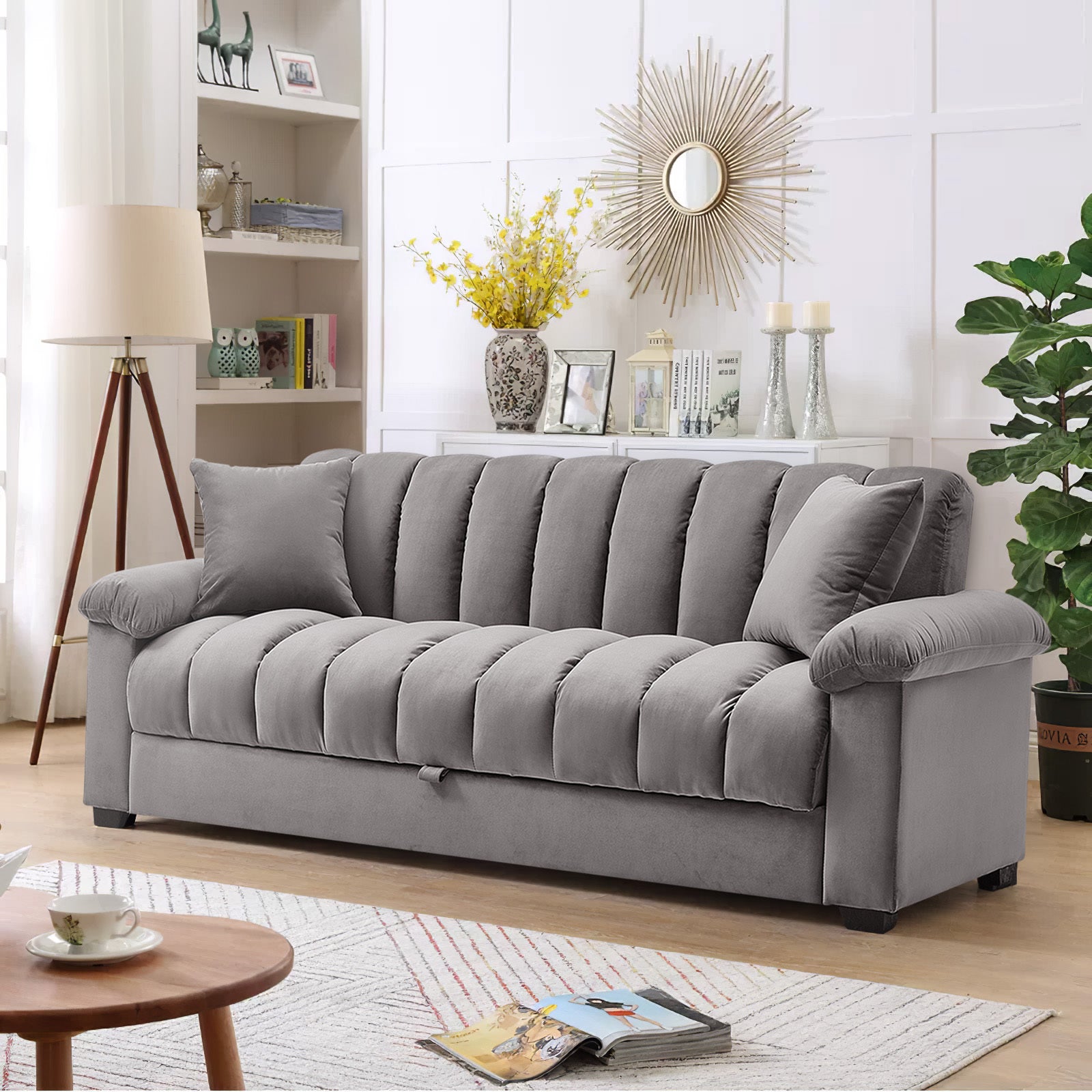 Grey Tufted Flat Bed Sofa with Storage