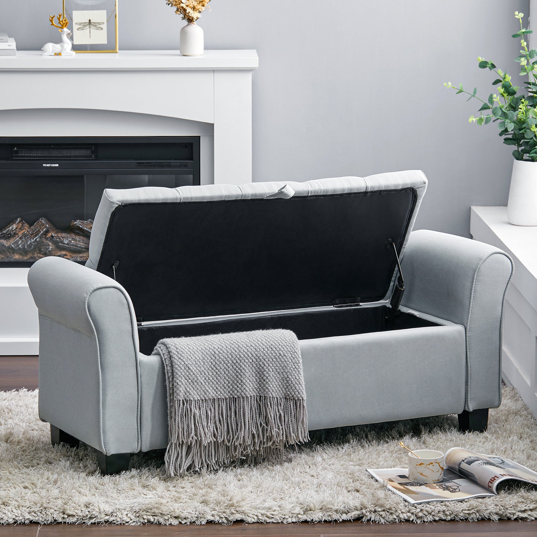 Storage Linen Splayed Armrest Ottoman Bench Chaise