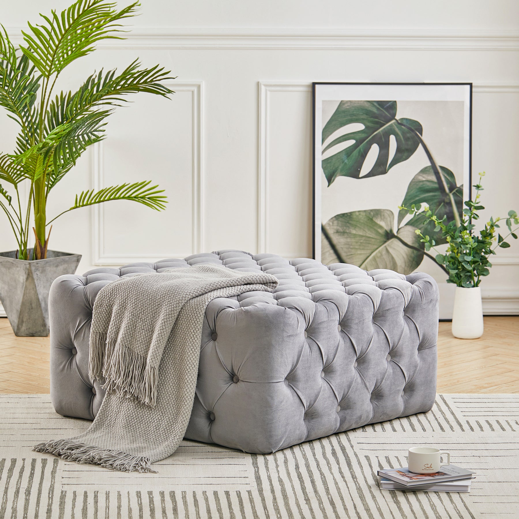 Cubic Velvet Buttoned Footrest Stool