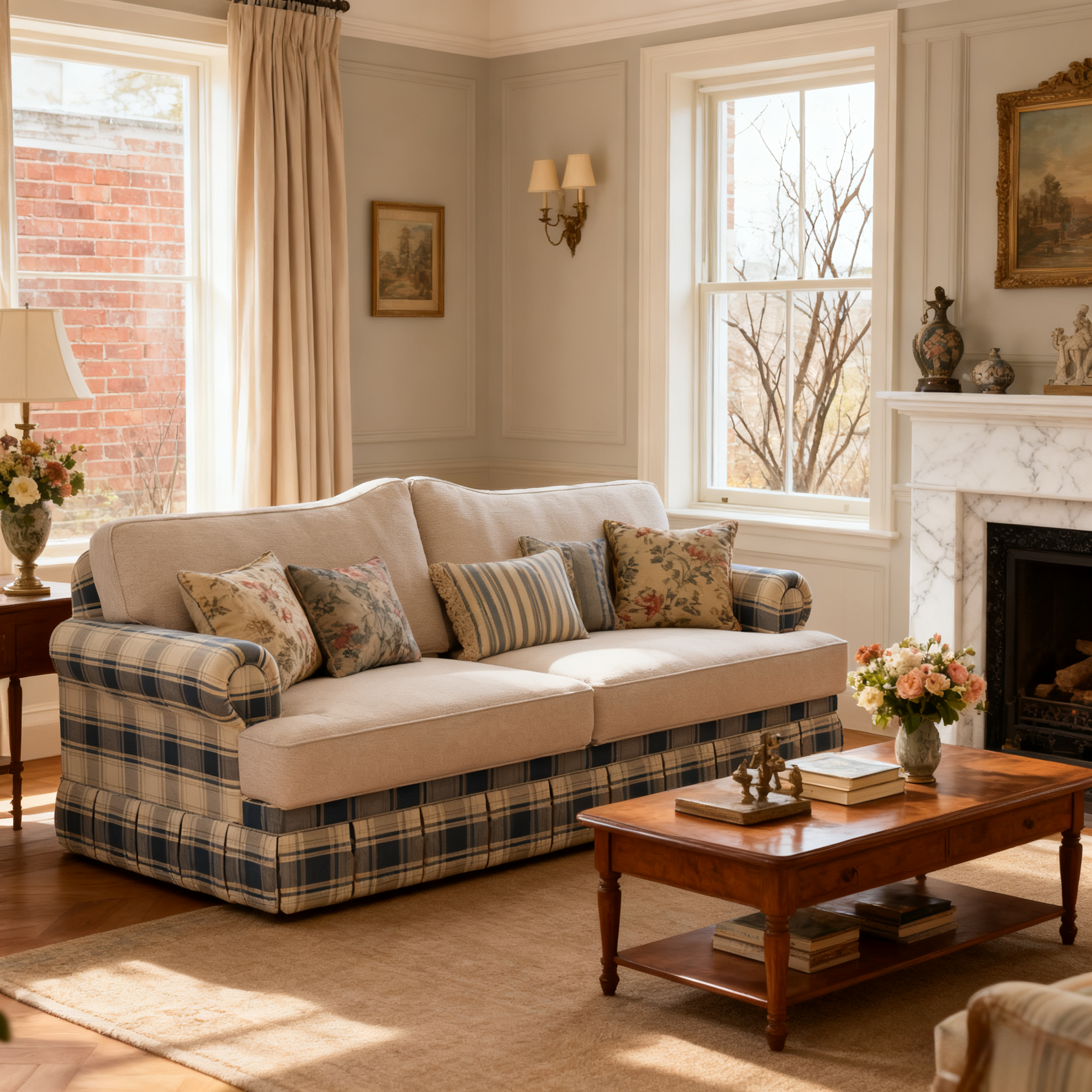 Cottonfy Heritage Plaid Skirted Sofa with Concealed Storage Drawers