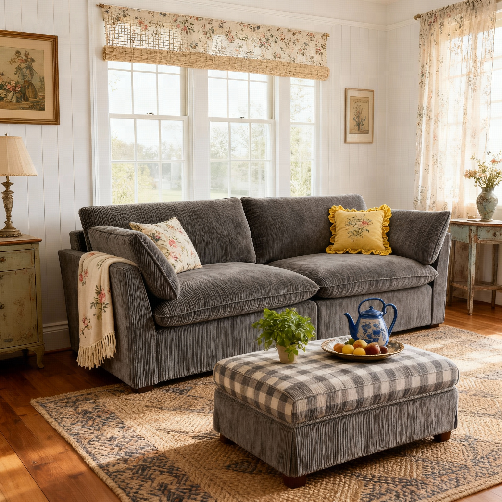 British Retro Check & Striped Sofa with Removable Covers