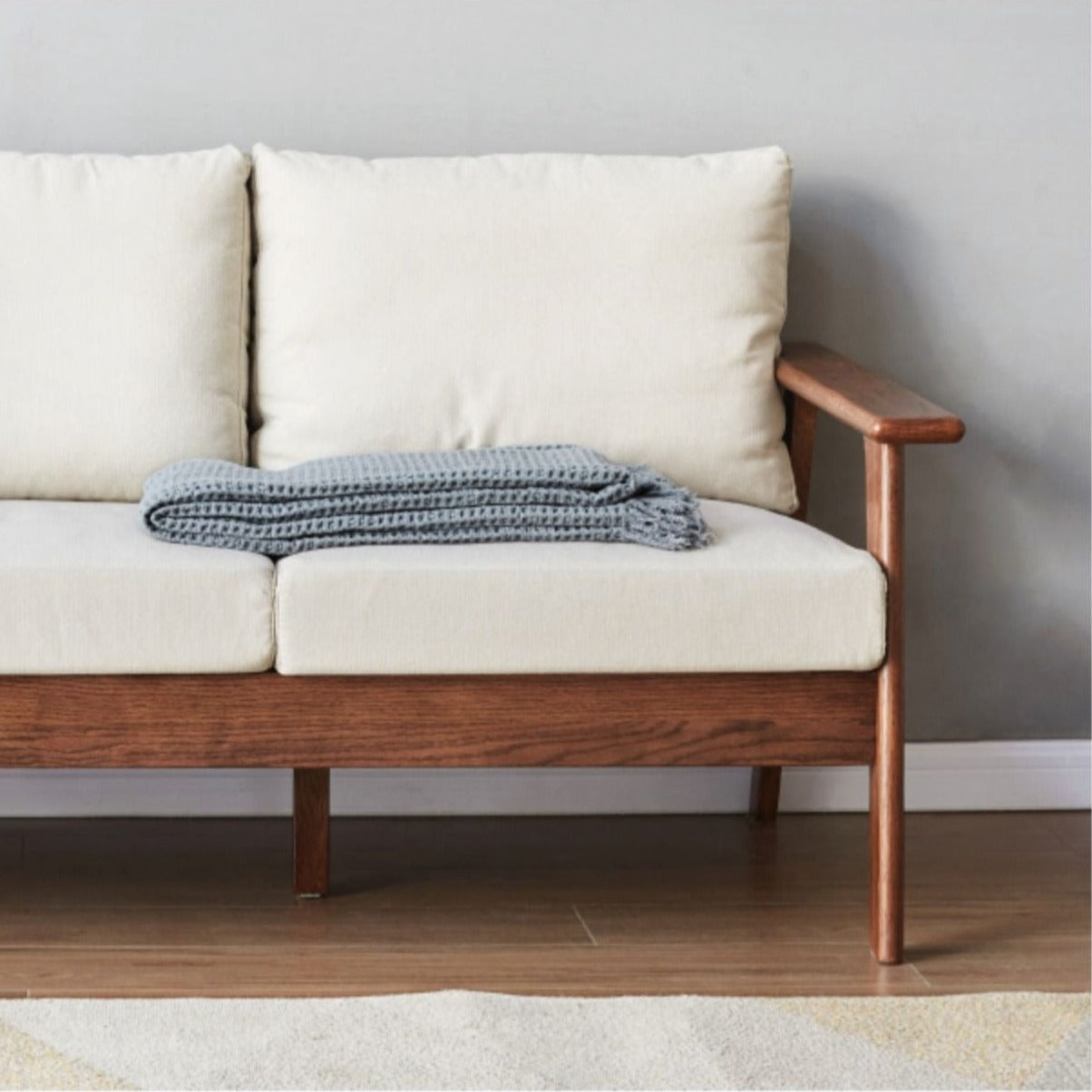 Elegant Oak Wood Sofa with Removable Cushioned Seating